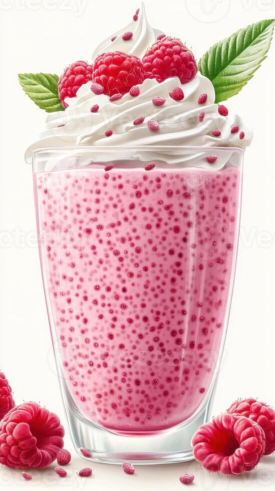 Refreshing raspberry dessert topped with whipped cream and garnished with fresh leaves photo