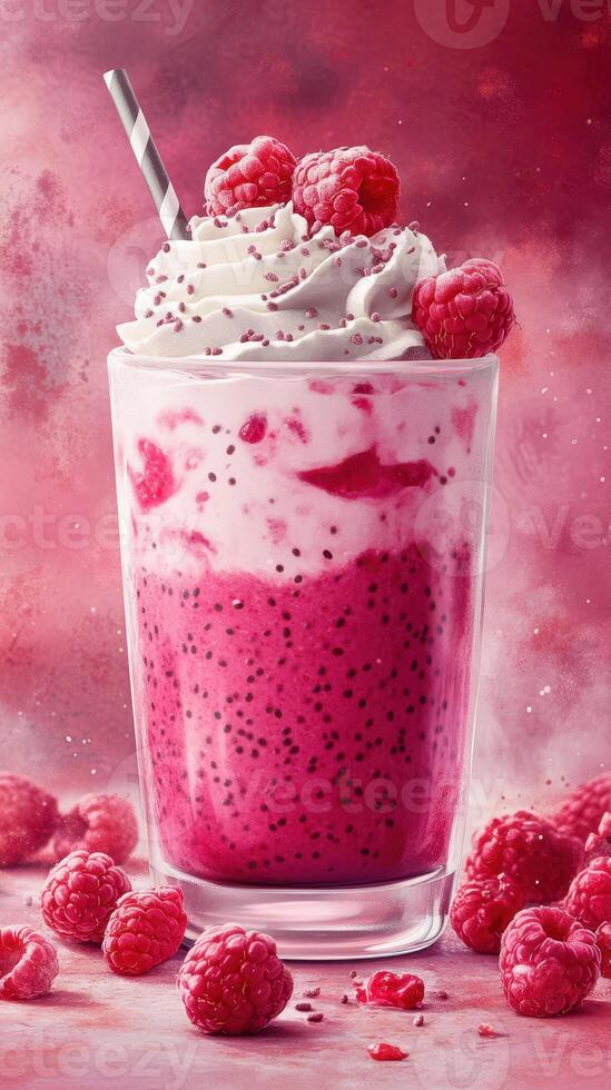 Delicious raspberry milkshake topped with whipped cream and fresh berries in a vibrant setting photo
