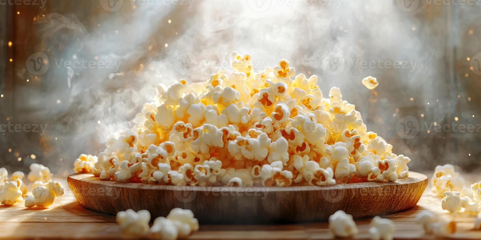 Freshly popped popcorn on a wooden platter with steam rising in a cozy setting photo