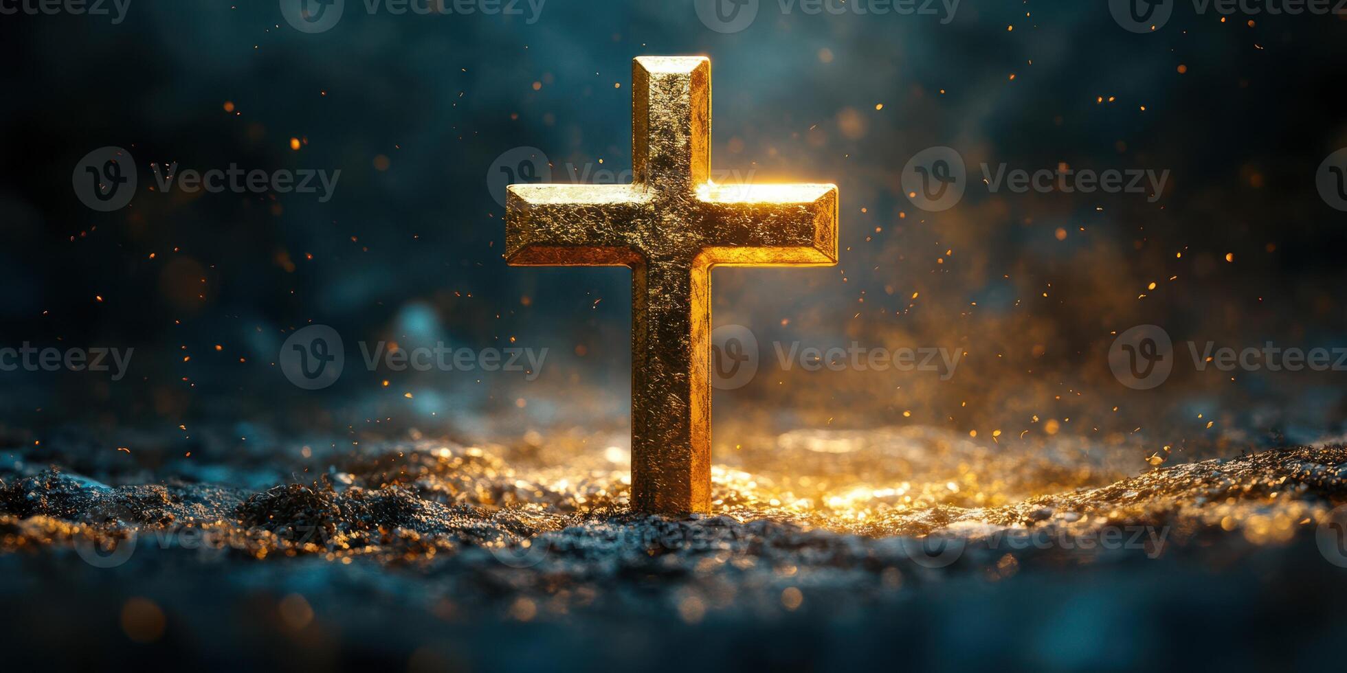 Golden cross illuminated by a warm glow in a dark environment with particles floating around photo