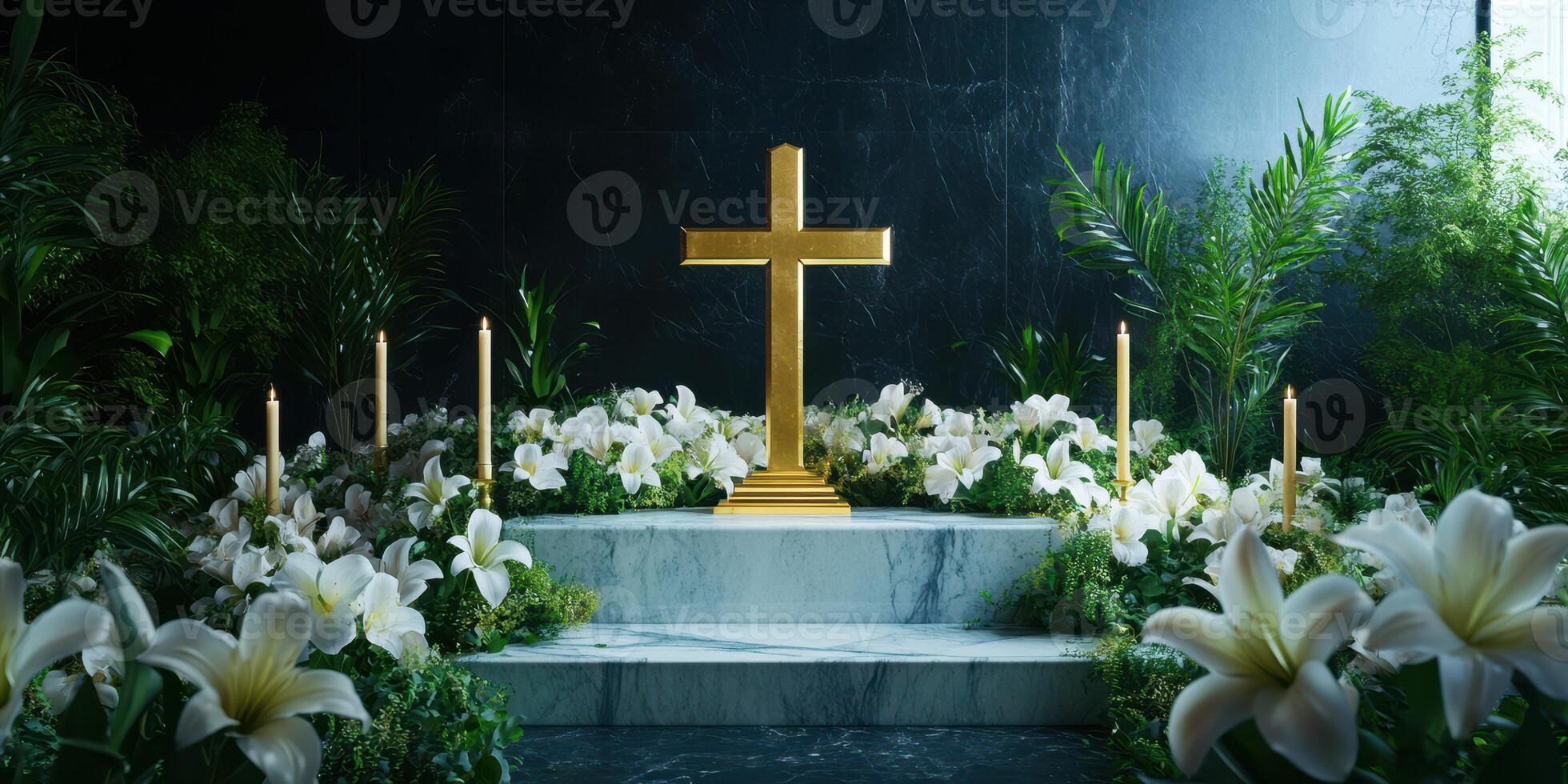 Golden cross surrounded by white lilies and greenery in a serene memorial setting photo