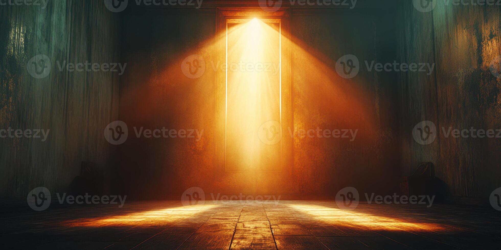 Light streams through an open door in an empty, dimly lit room, creating an ethereal atmosphere at sunset photo