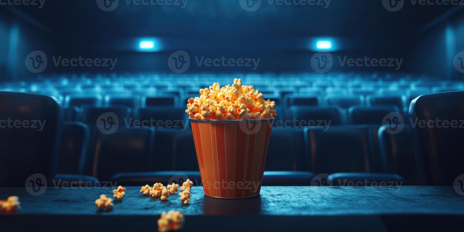 Empty movie theater with a bucket of popcorn on the concession stand ready for the show to begin photo