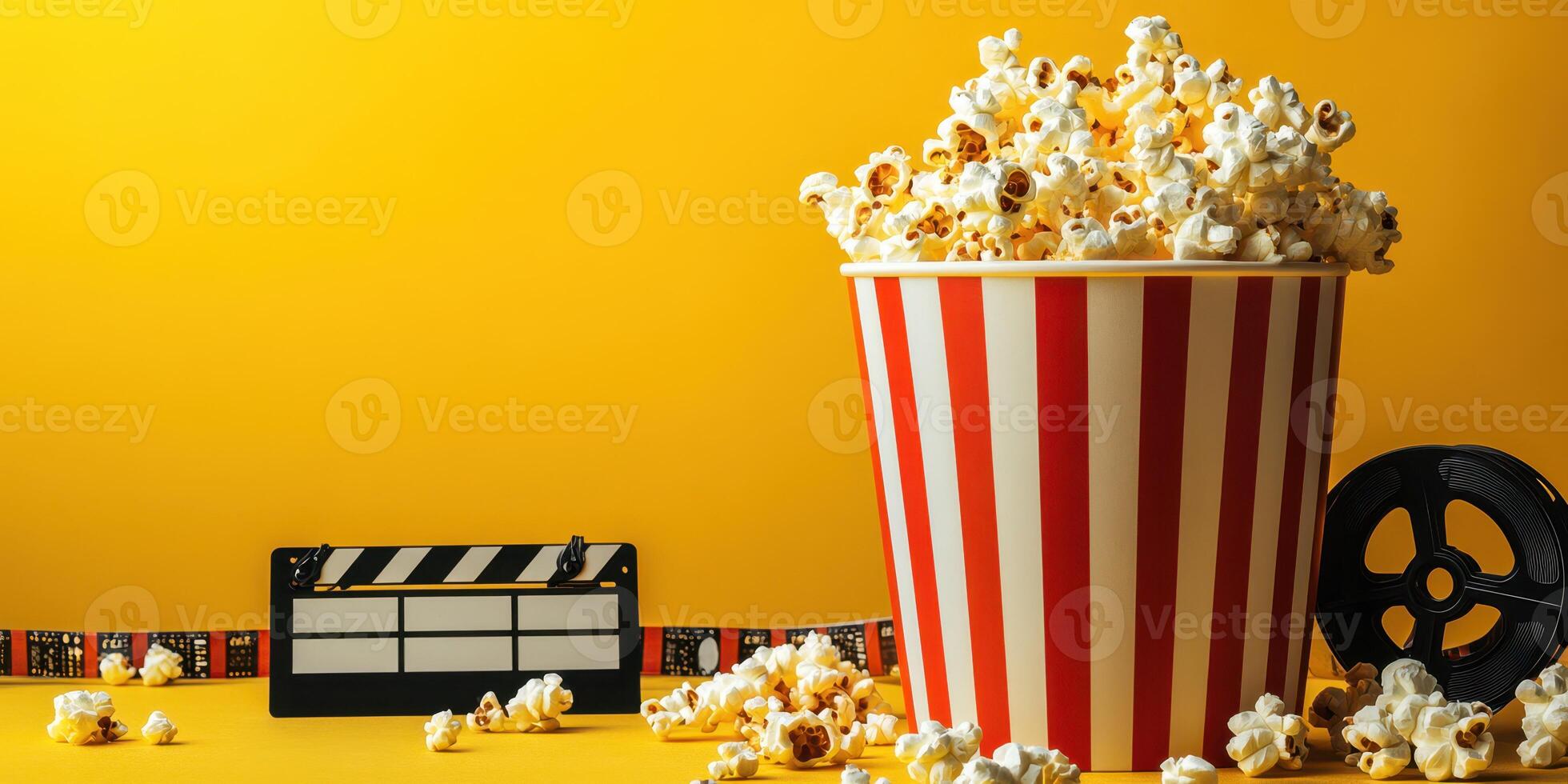 Enjoying popcorn while watching a movie with a bright yellow background and film elements present photo