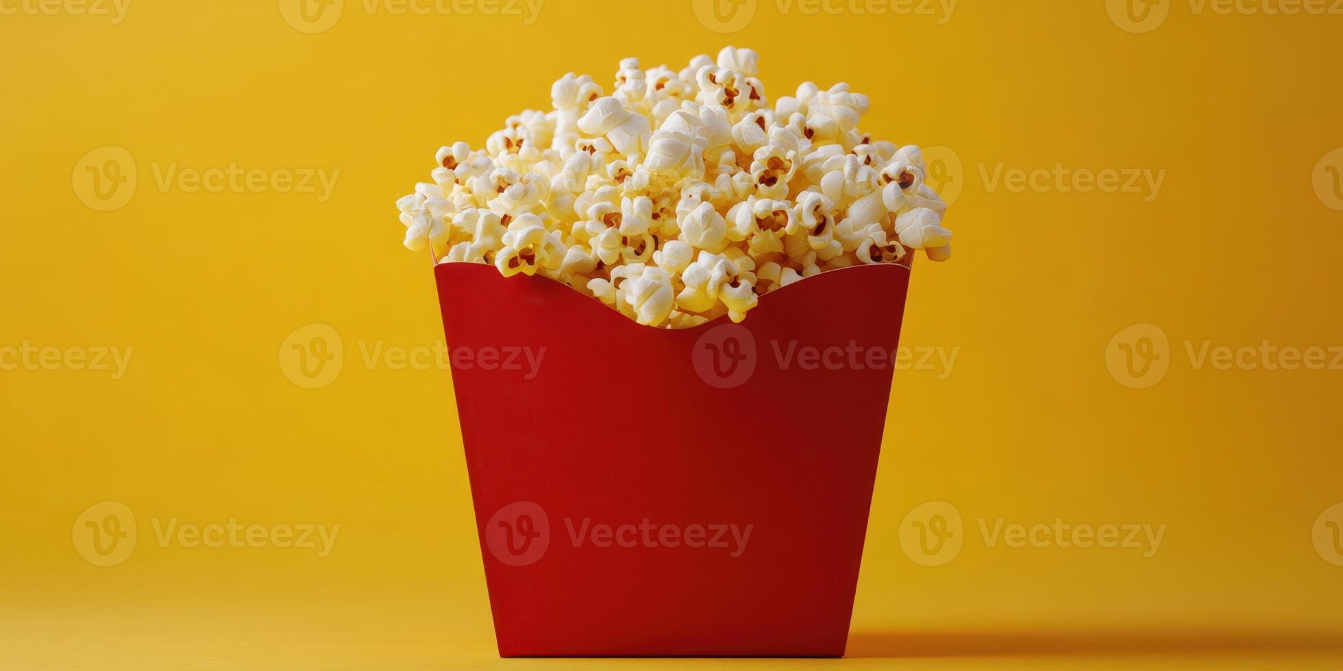 Freshly popped popcorn in a red container against a vibrant yellow background showcasing a classic snack photo