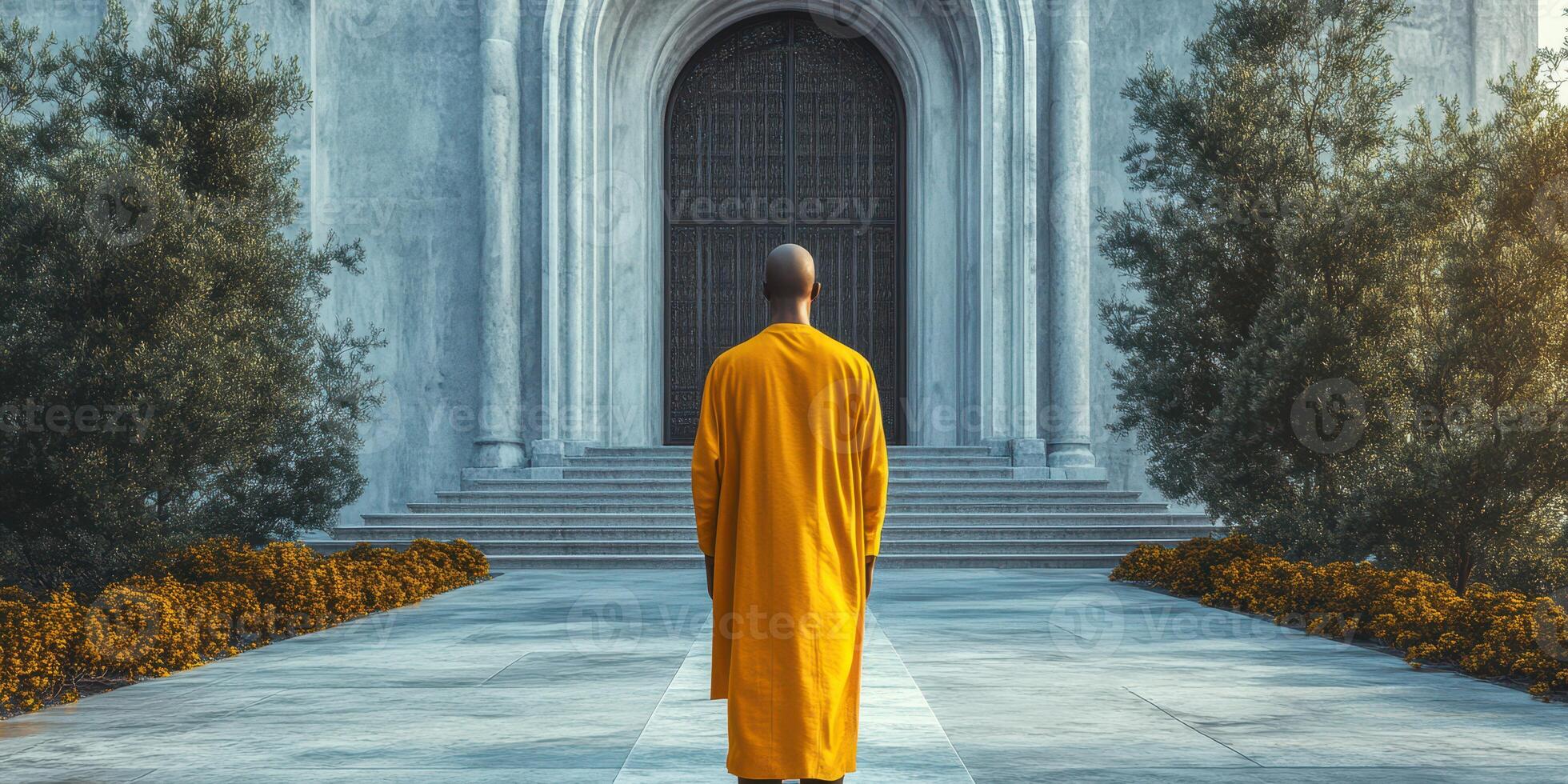Monastic figure in orange robe stands before grand entrance at serene temple during early evening light photo