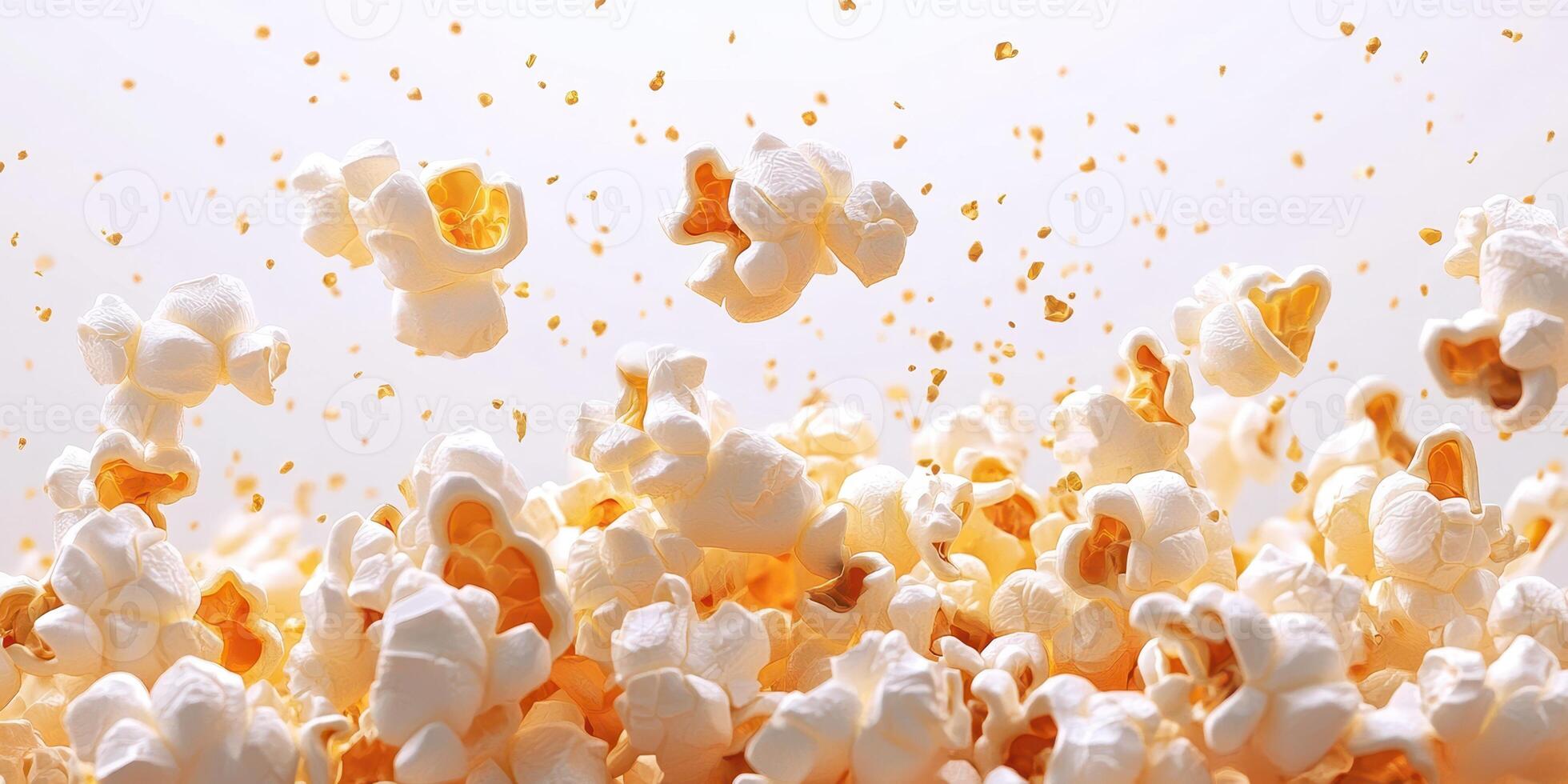 Popcorn bursts into the air, creating a playful and energetic display in a bright setting photo