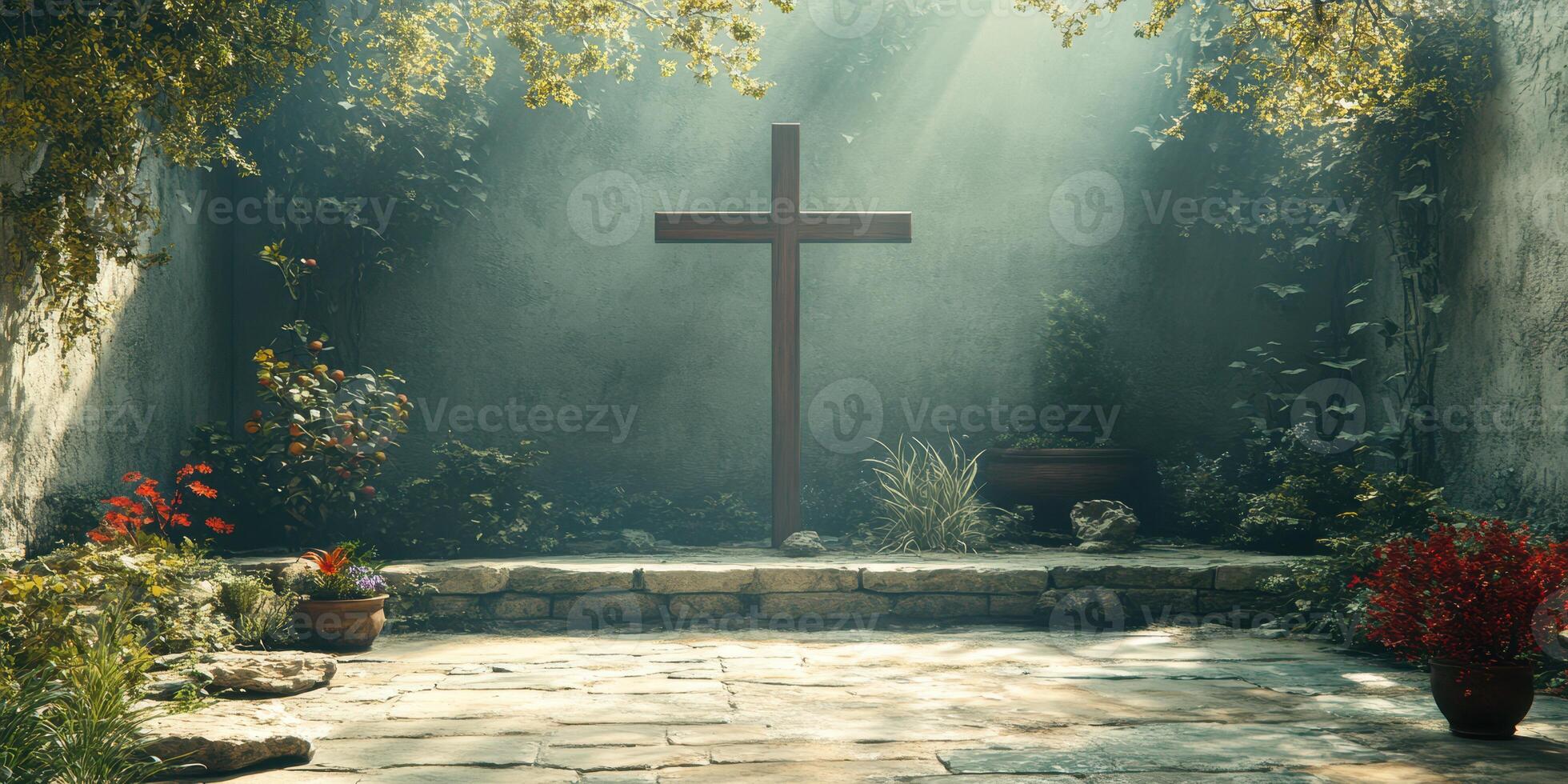Serene outdoor space with wooden cross surrounded by greenery and soft sunlight filtering through trees photo