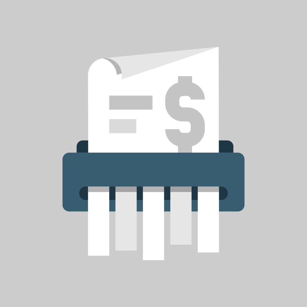 Flat illustration of a bill being shredded by a paper shredder. no hidden fees or charges. for financial services, or subscription based businesses to emphasize transparency and cost clarity vector