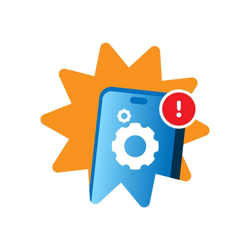 Flat illustration of a smartphone with a gear and exclamation mark, representing an app update notification. Perfect for UI design, mobile applications, software updates, and technology vector