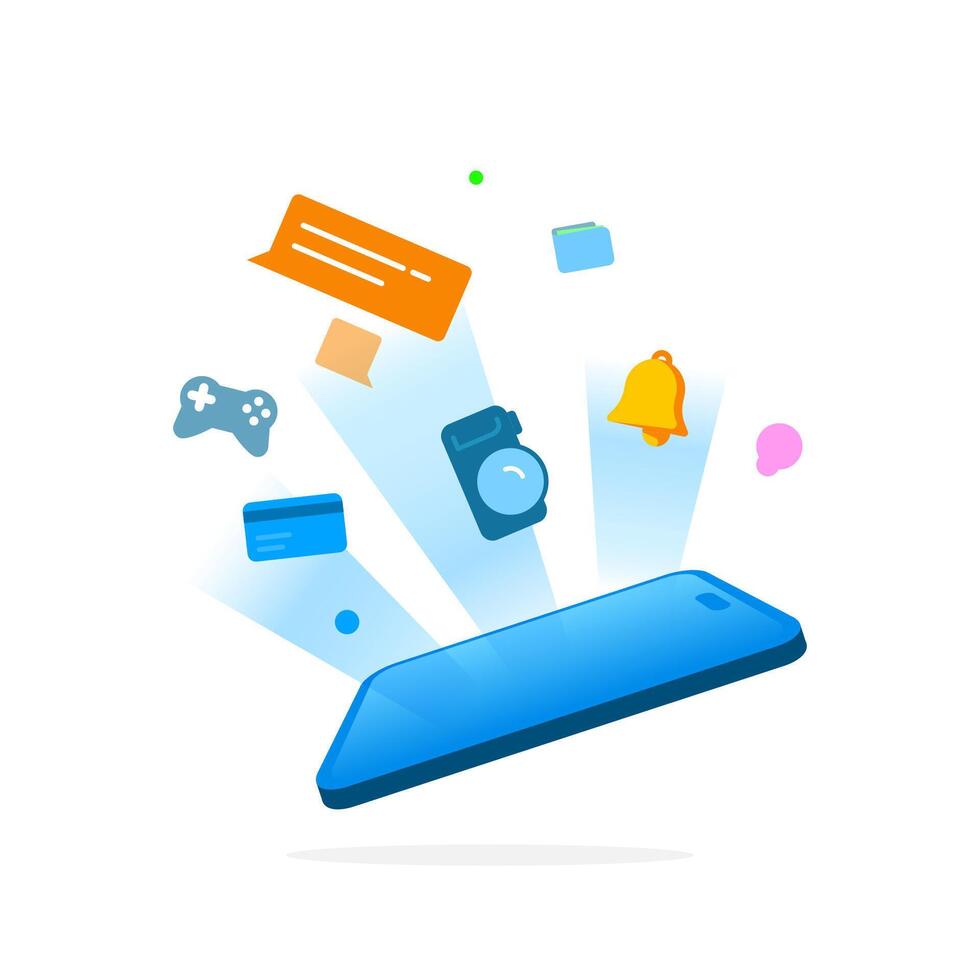 Flat illustration smartphone with various feature icons on the screen, representing Super App, all in one multifunctional mobile application. Perfect for digital services concepts vector