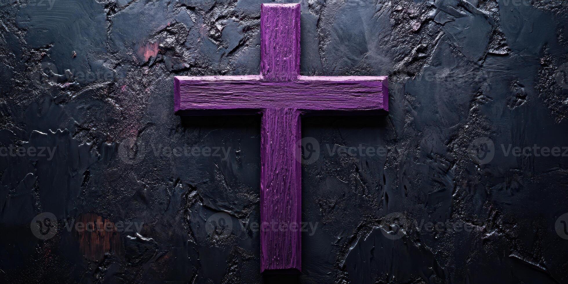 Vibrant purple wooden cross stands against a textured dark background creating a striking visual contrast for reflection photo