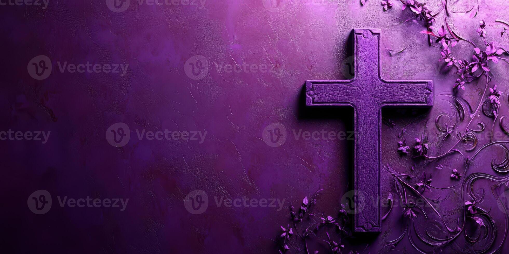 Purple cross surrounded by floral patterns symbolizes spirituality and faith in a serene atmosphere photo