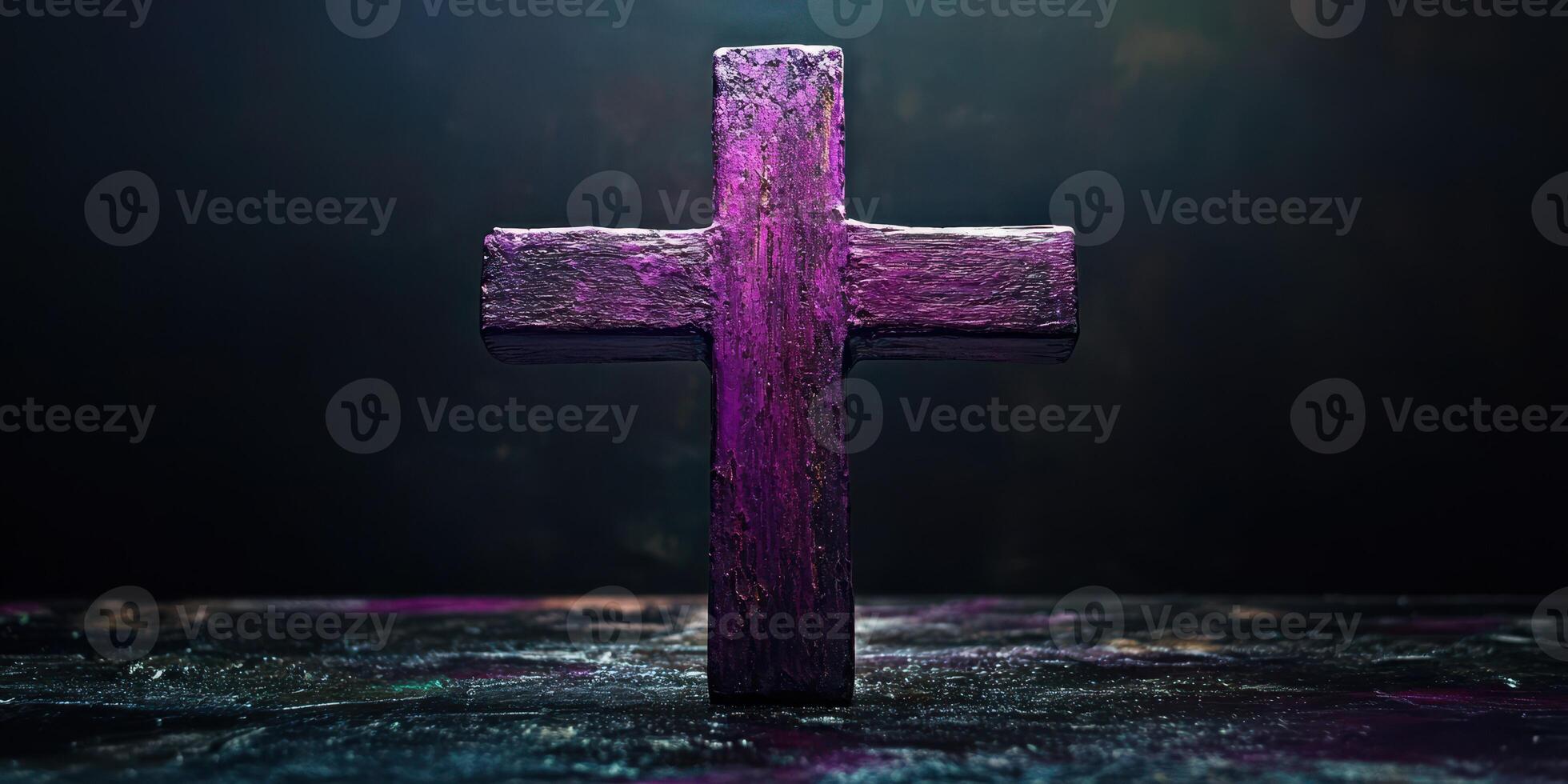 Symbolic wooden cross illuminated by purple light, creating a dramatic atmosphere for reflection photo