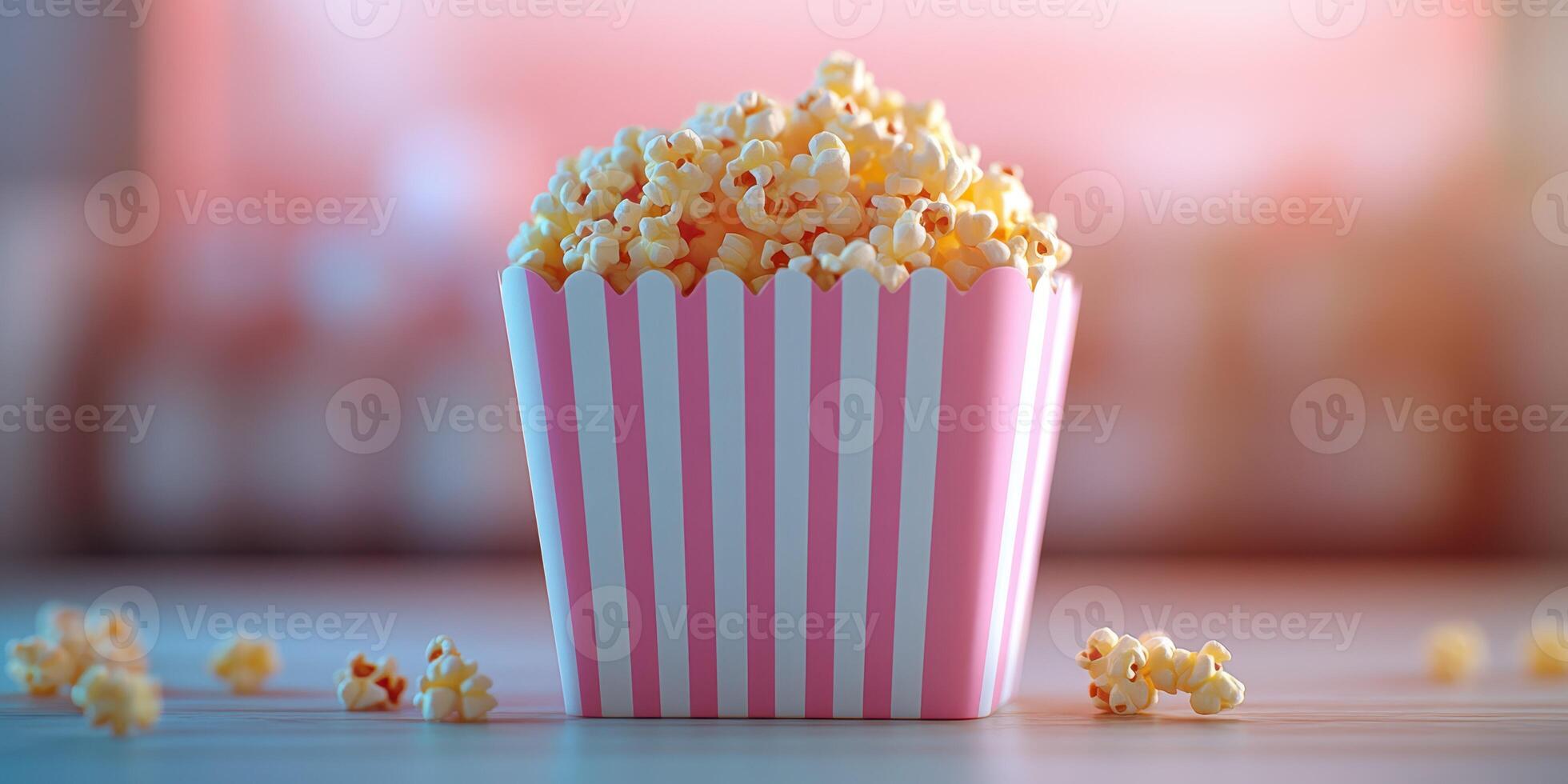 Popcorn in a striped container sits on a table, ready for movie night at home with a warm, inviting atmosphere photo