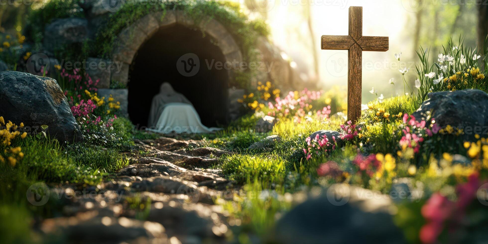 Serene garden with flowers and a cross near an empty tomb during early morning light photo