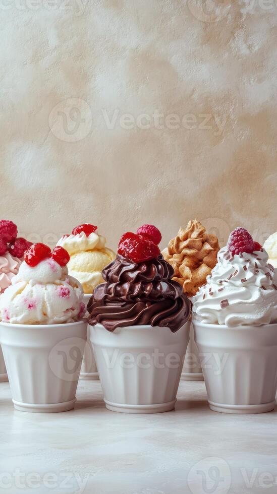 Delicious assortment of ice cream sundaes with various toppings arranged on a neutral background photo