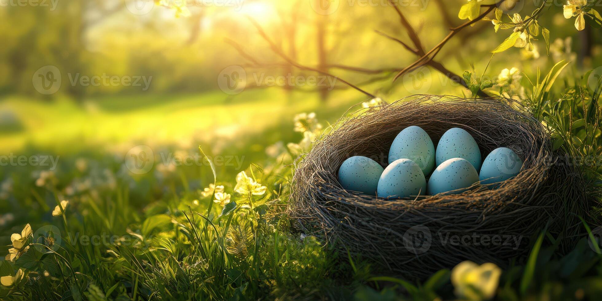 Nest contains blue eggs surrounded by sunlight and blooming flowers in a serene spring landscape photo