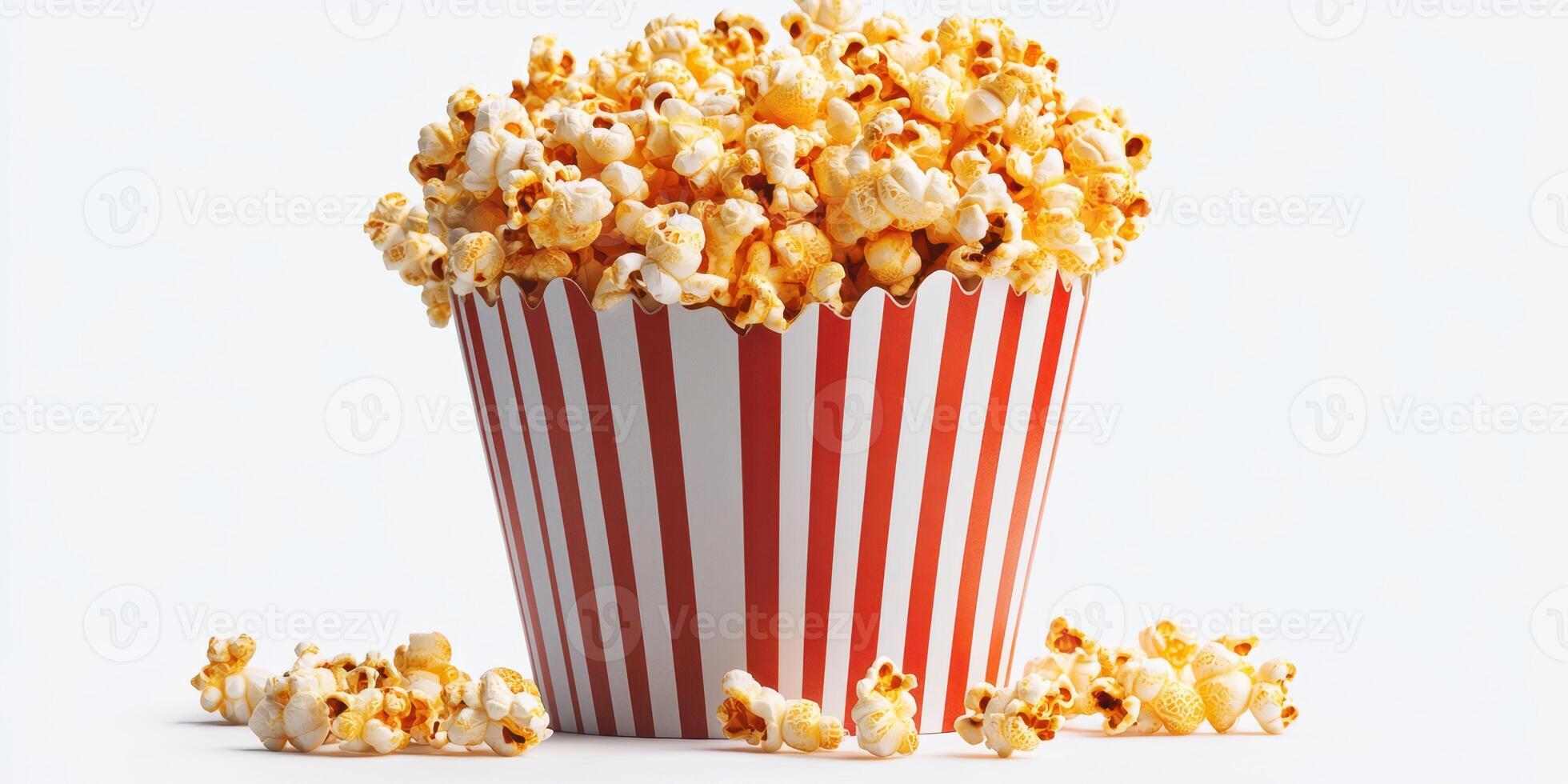 Freshly popped popcorn in a classic striped container ready for movie night at home photo