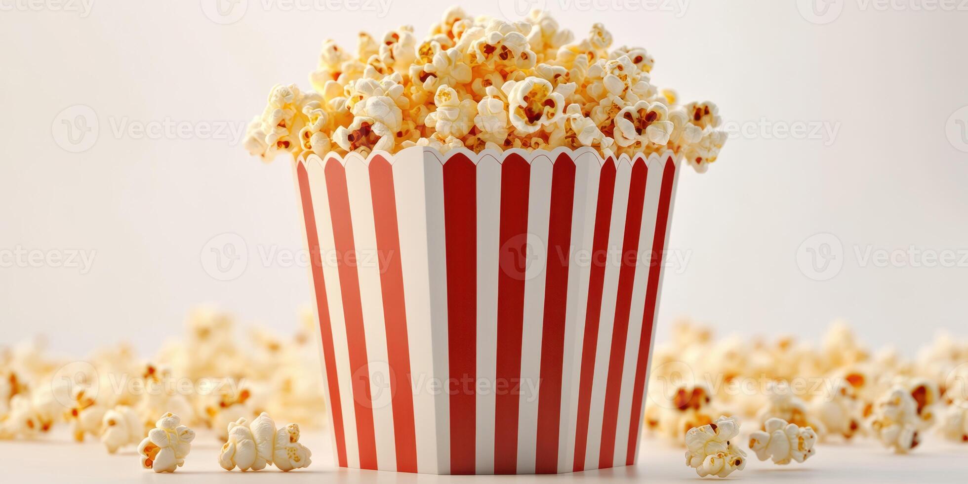 Popcorn in a striped container ready for a movie night at home or the theater photo