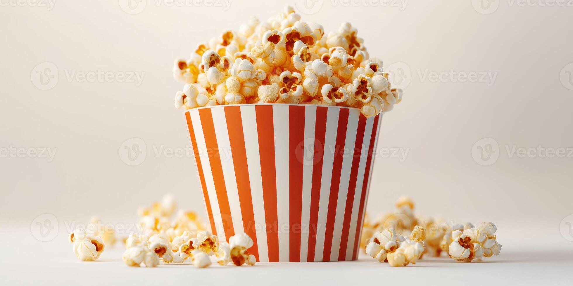 Freshly popped popcorn in a striped cup with scattered kernels on a light surface photo