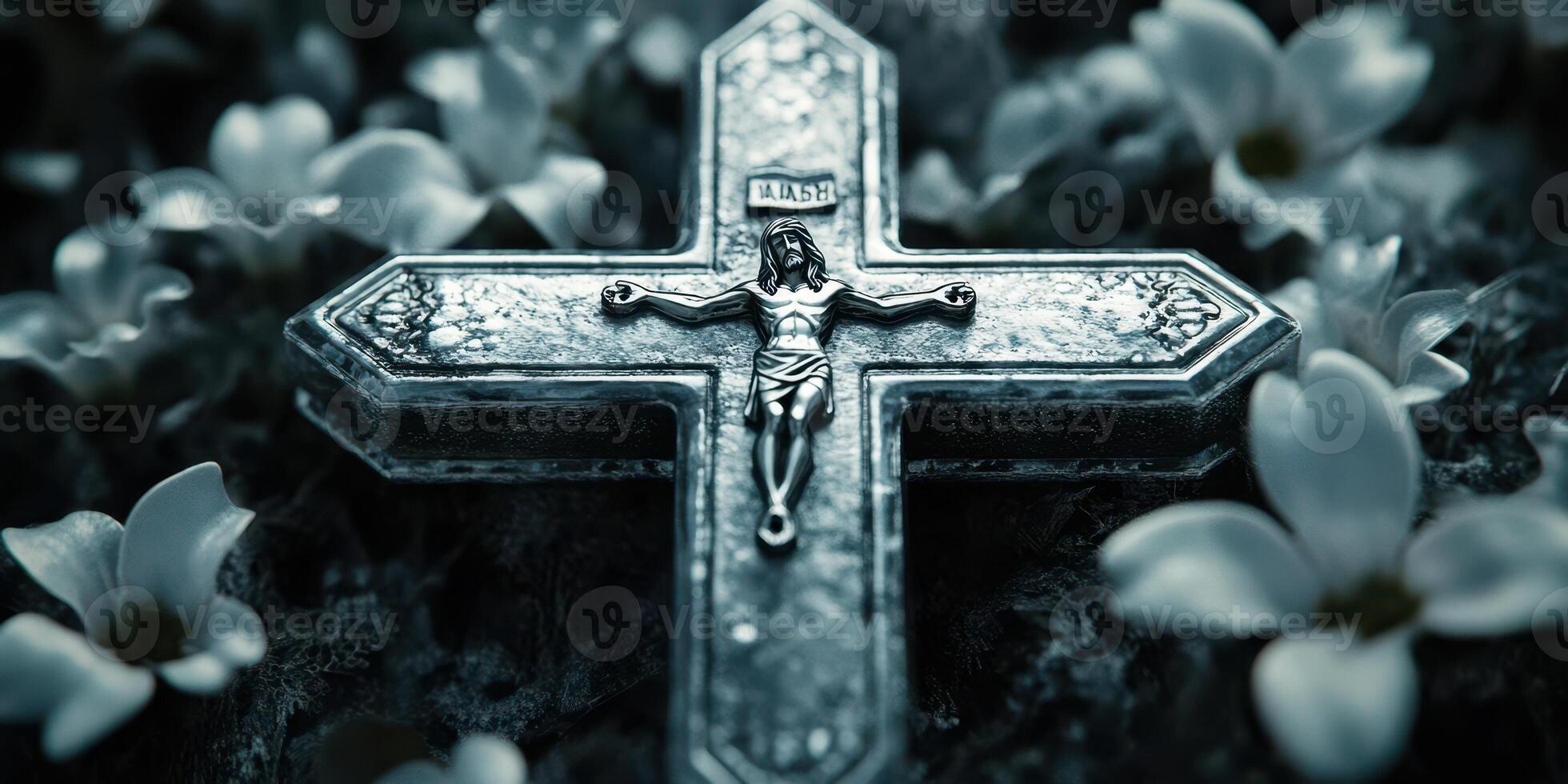 Cross resting among delicate flowers in a serene and reflective setting during twilight hours photo