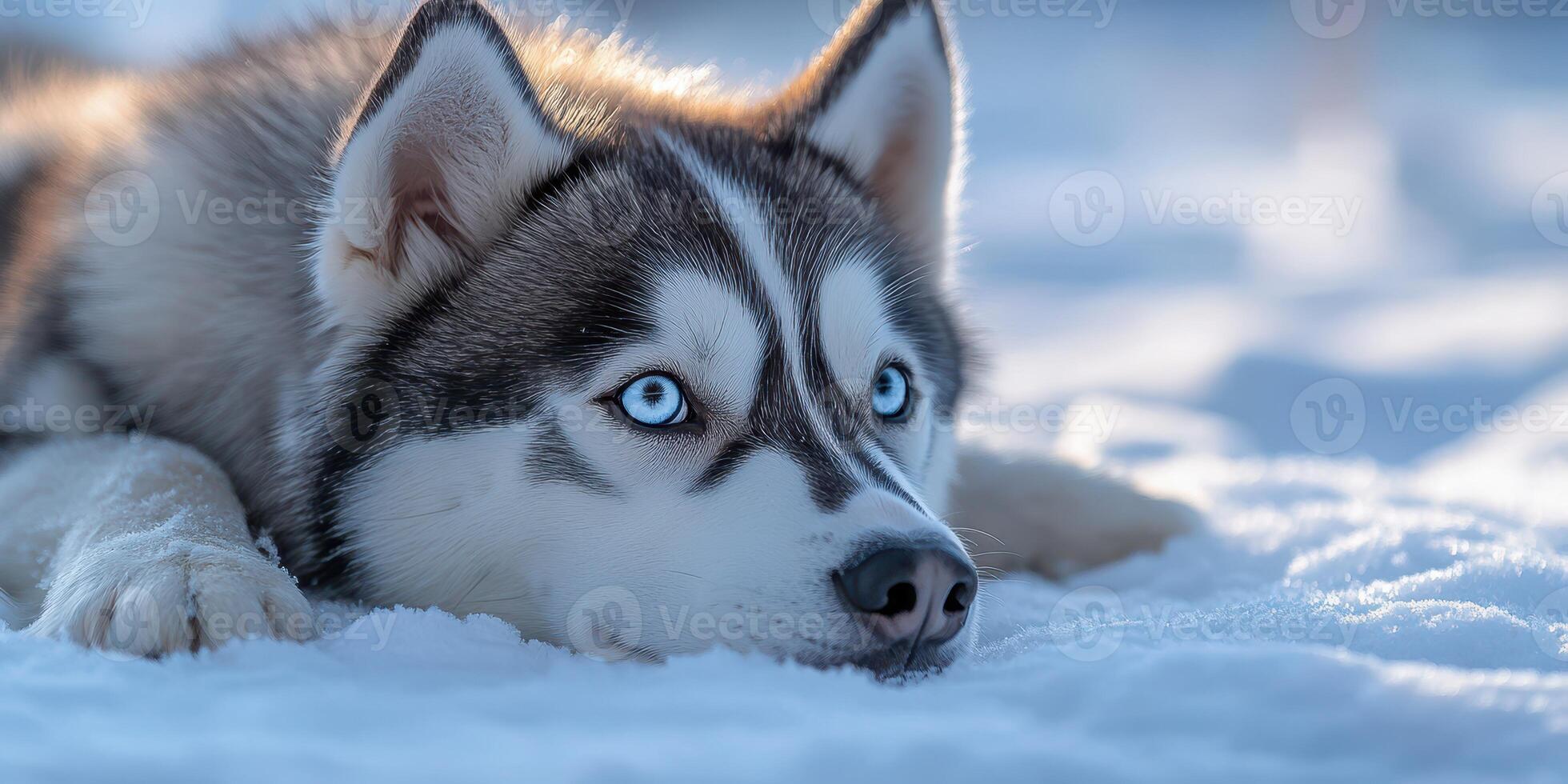 Siberian husky resting in soft snow under bright winter sunlight with striking blue eyes photo