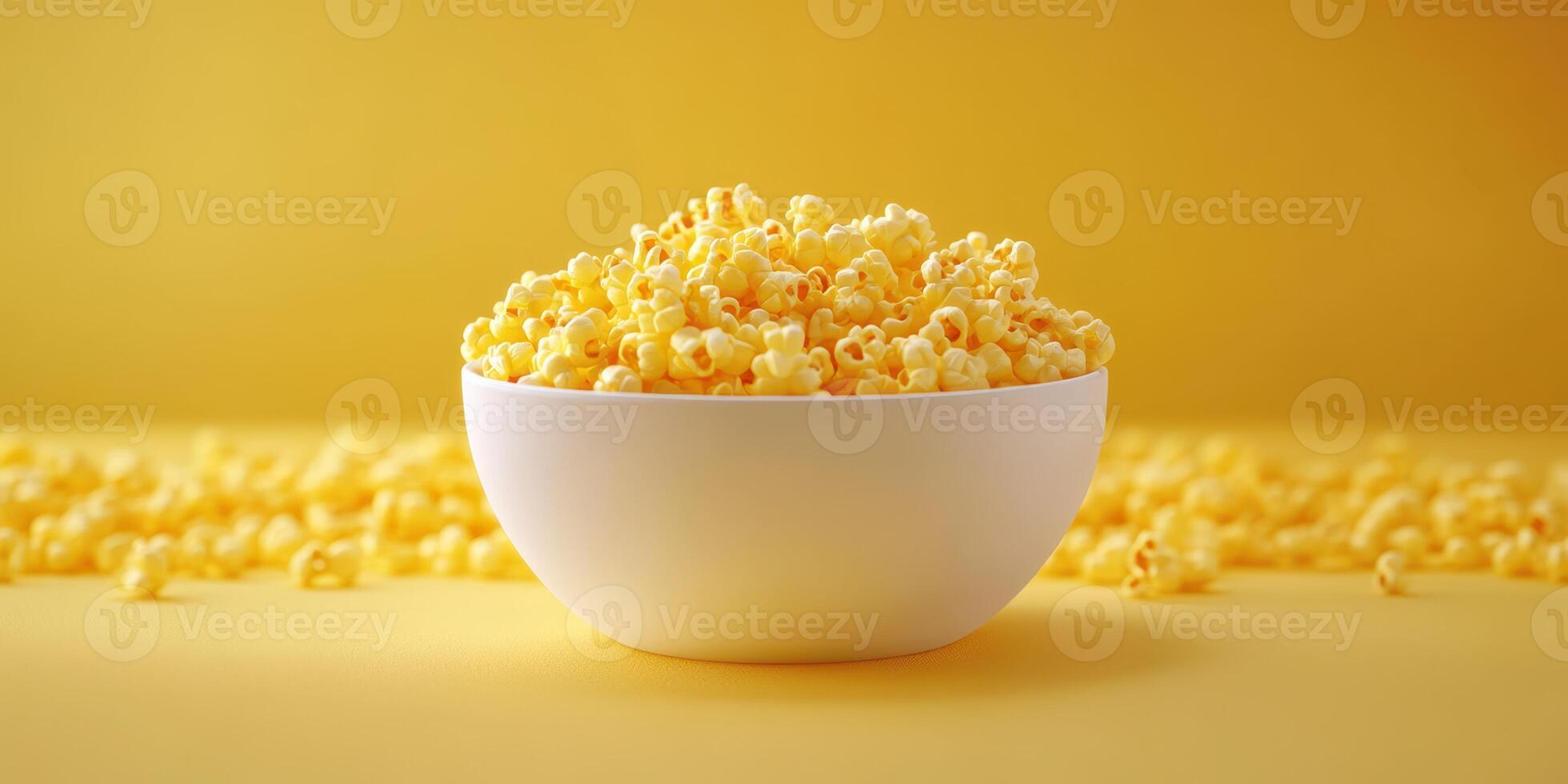 Bowl of buttery popcorn placed on a vibrant yellow background ready for snacking during a movie night photo