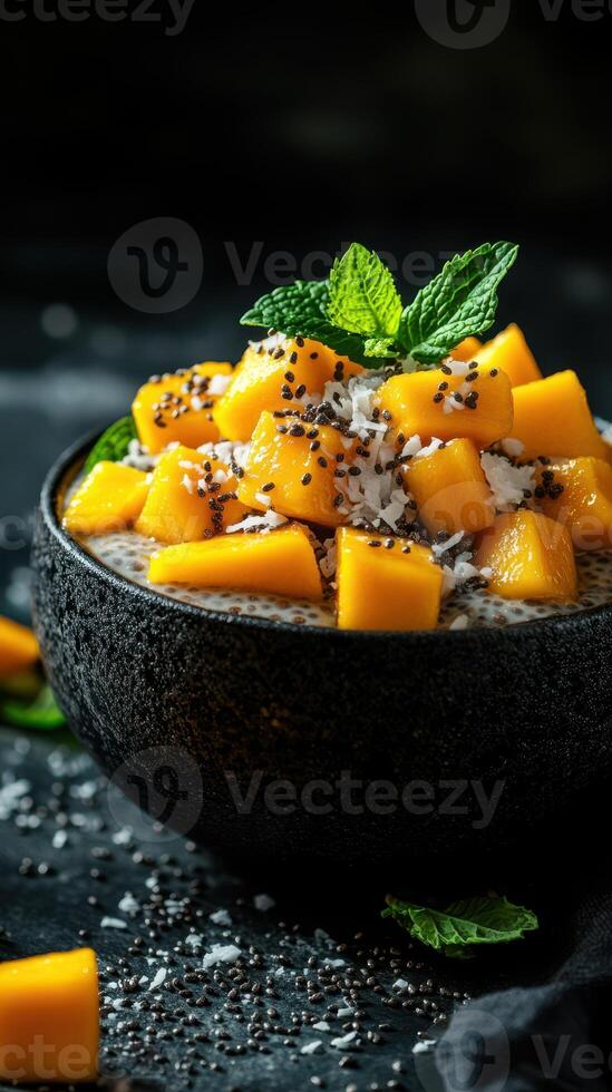 Delicious chia seed pudding topped with fresh mango, coconut flakes, and mint leaves in a stylish bowl photo