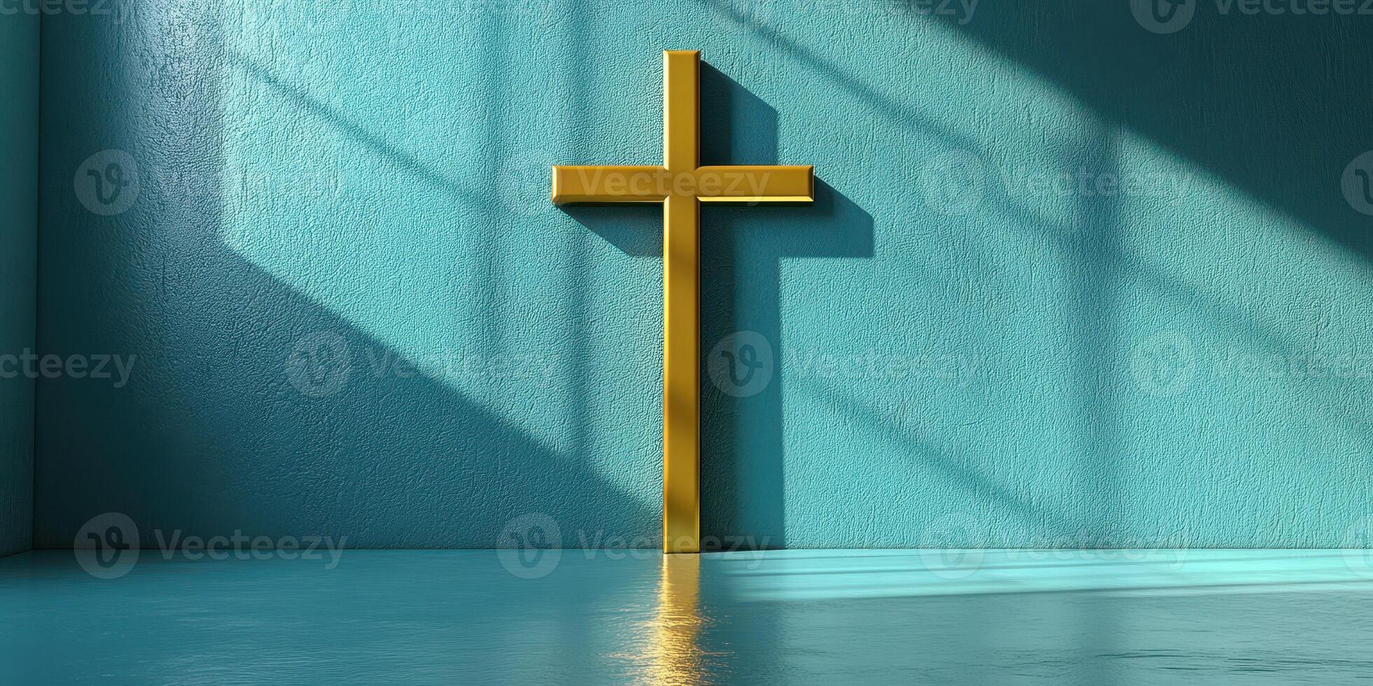 Golden cross stands against a turquoise wall, casting shadows from natural light streaming through a window photo