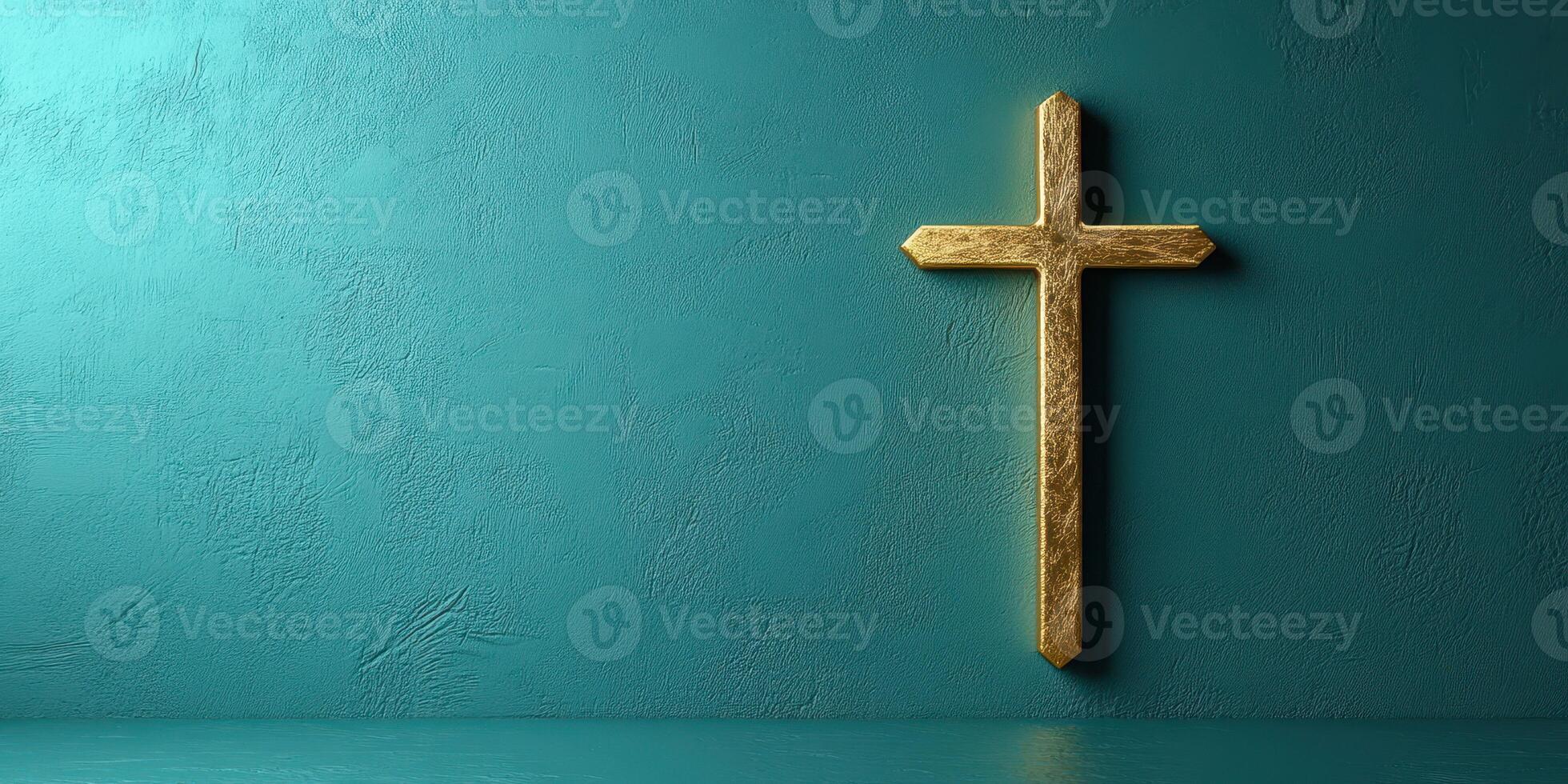 Golden cross against a textured teal wall creates a rich spiritual atmosphere in a serene indoor space for reflection photo