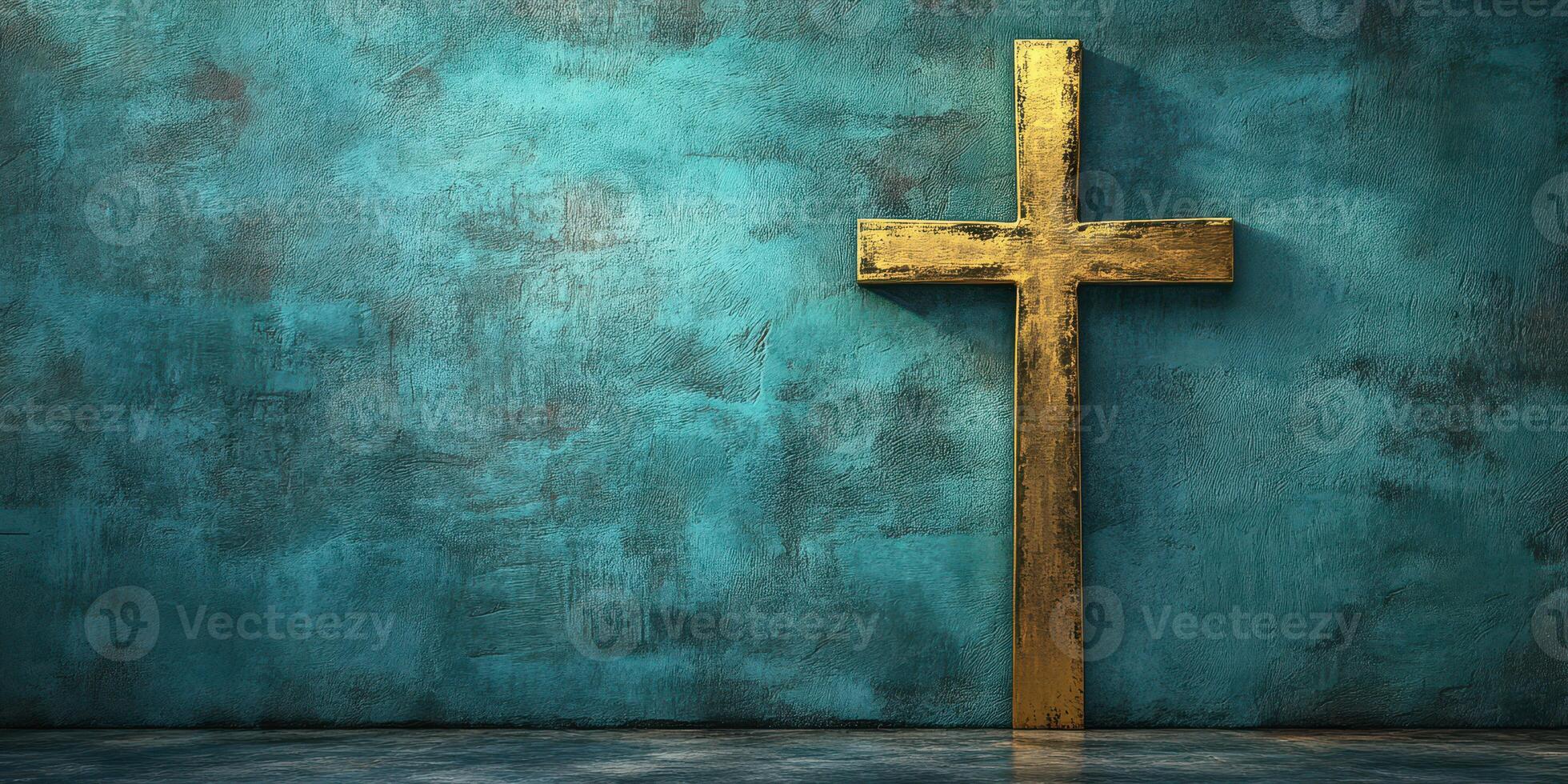 Golden cross stands against a textured turquoise wall in a serene and reflective indoor space photo