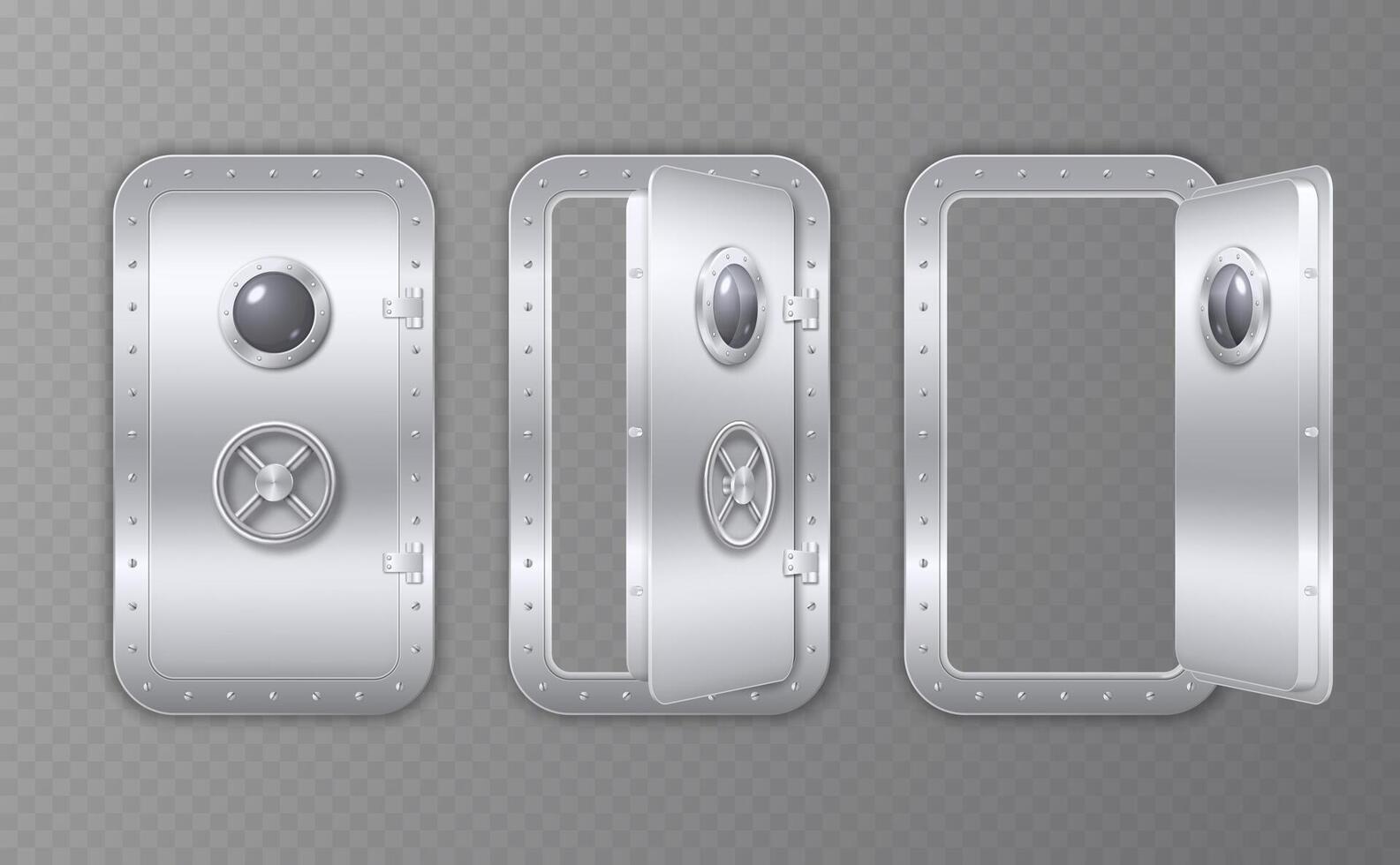 Metal realistic door with a porthole in a bunker, submarine, laboratory or spaceship. Set of closed and open doors with rivets and bolts. vector