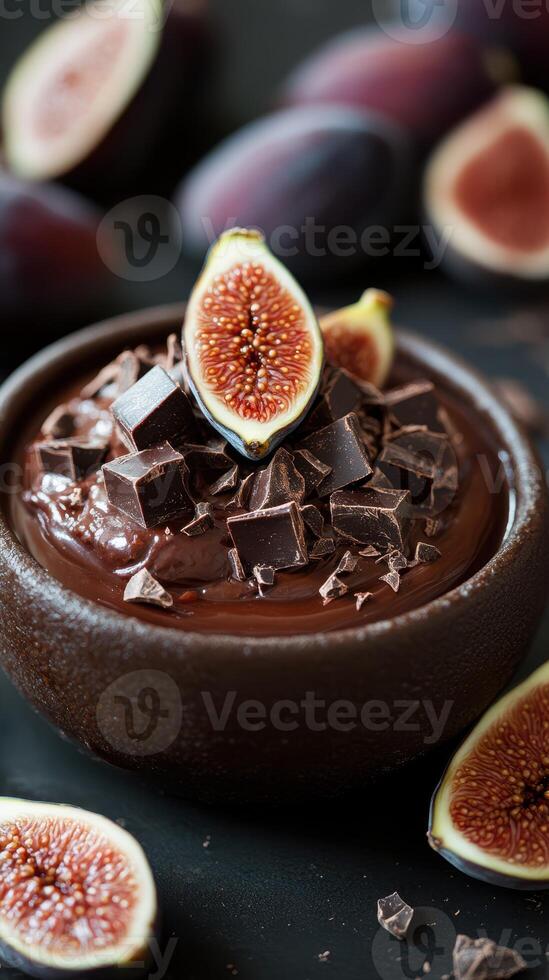 Delicious chocolate mousse topped with fresh figs and chocolate chunks in a dark bowl photo