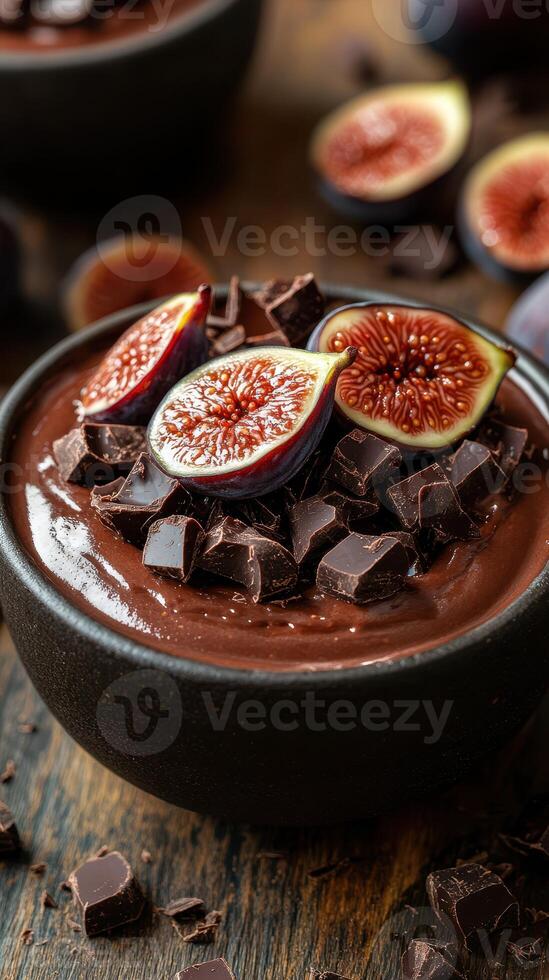 Decadent dark chocolate mousse topped with fresh figs on a rustic wooden table photo