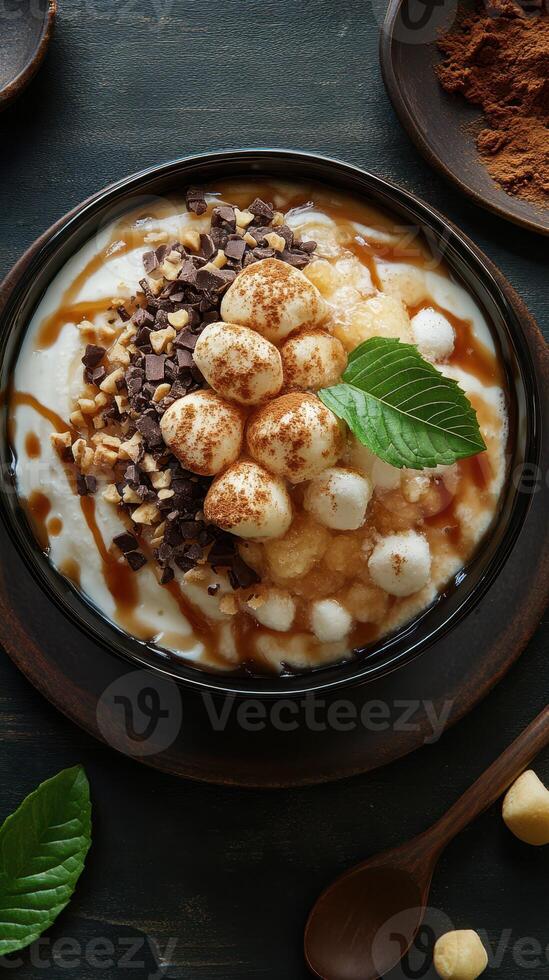 Delicious dessert bowl topped with cream, chocolate, and nuts perfect for an evening treat photo