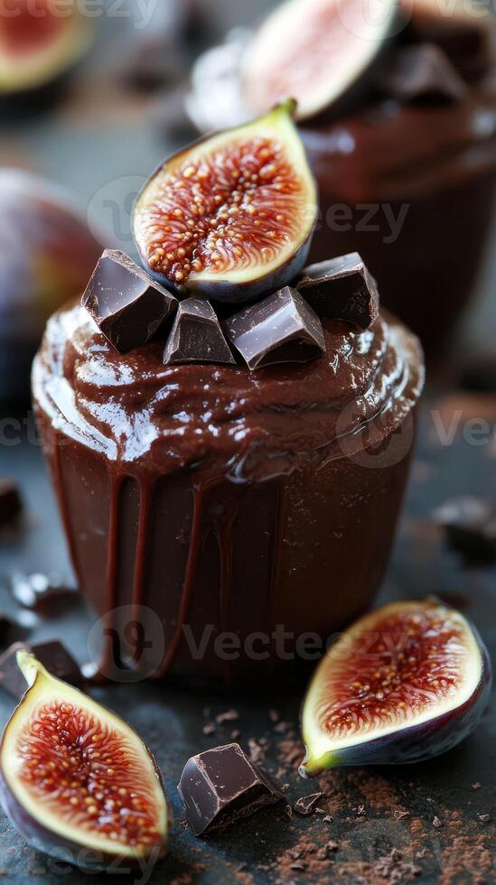 Rich chocolate dessert topped with fresh figs and dark chocolate pieces in a vibrant setting photo