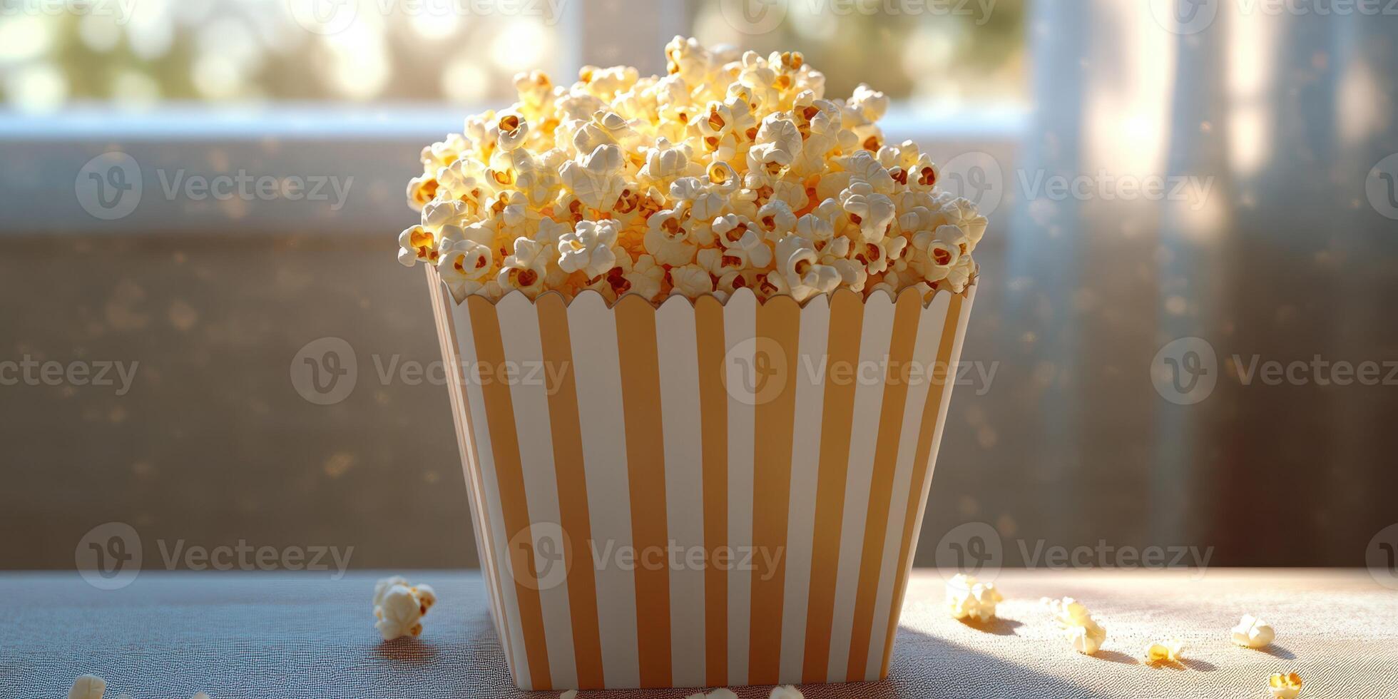 Popcorn overflowing in a striped container on a wooden table with sunlight streaming through a window photo