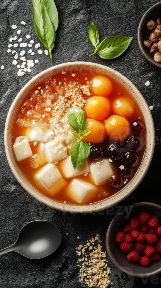 Delightful dessert bowl with sweet toppings and fresh herbs on a dark stone surface photo