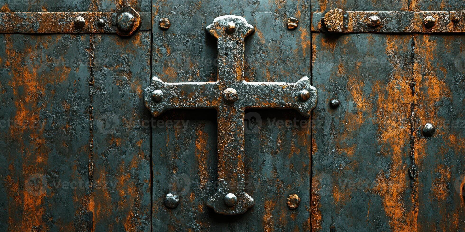 Weathered metal door featuring a prominent cross symbol in a rustic setting photo