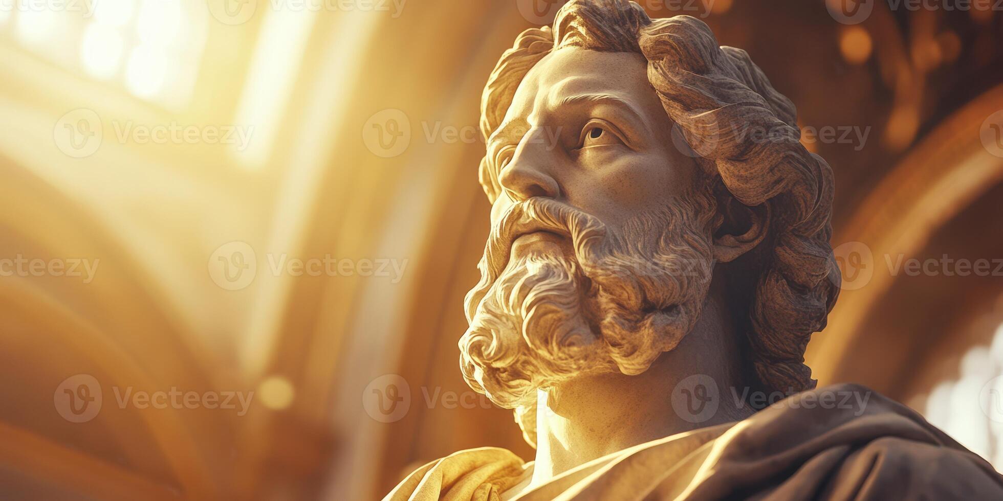 Beautifully carved statue of an ancient figure displayed in a sunlit historical interior during the golden hour photo