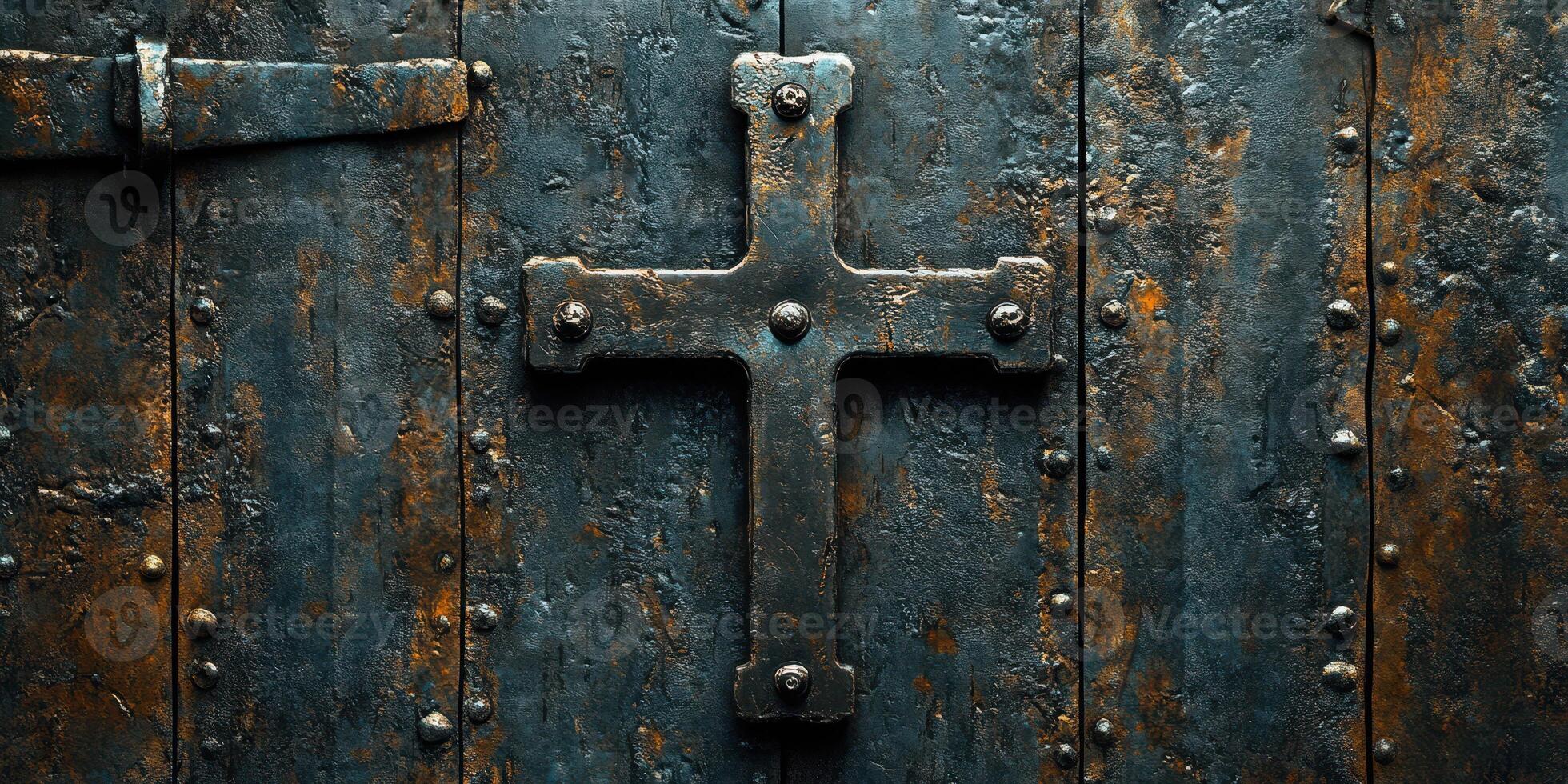 Rusty metallic cross on an ancient wooden door exudes a sense of history and spirituality in a tranquil setting photo