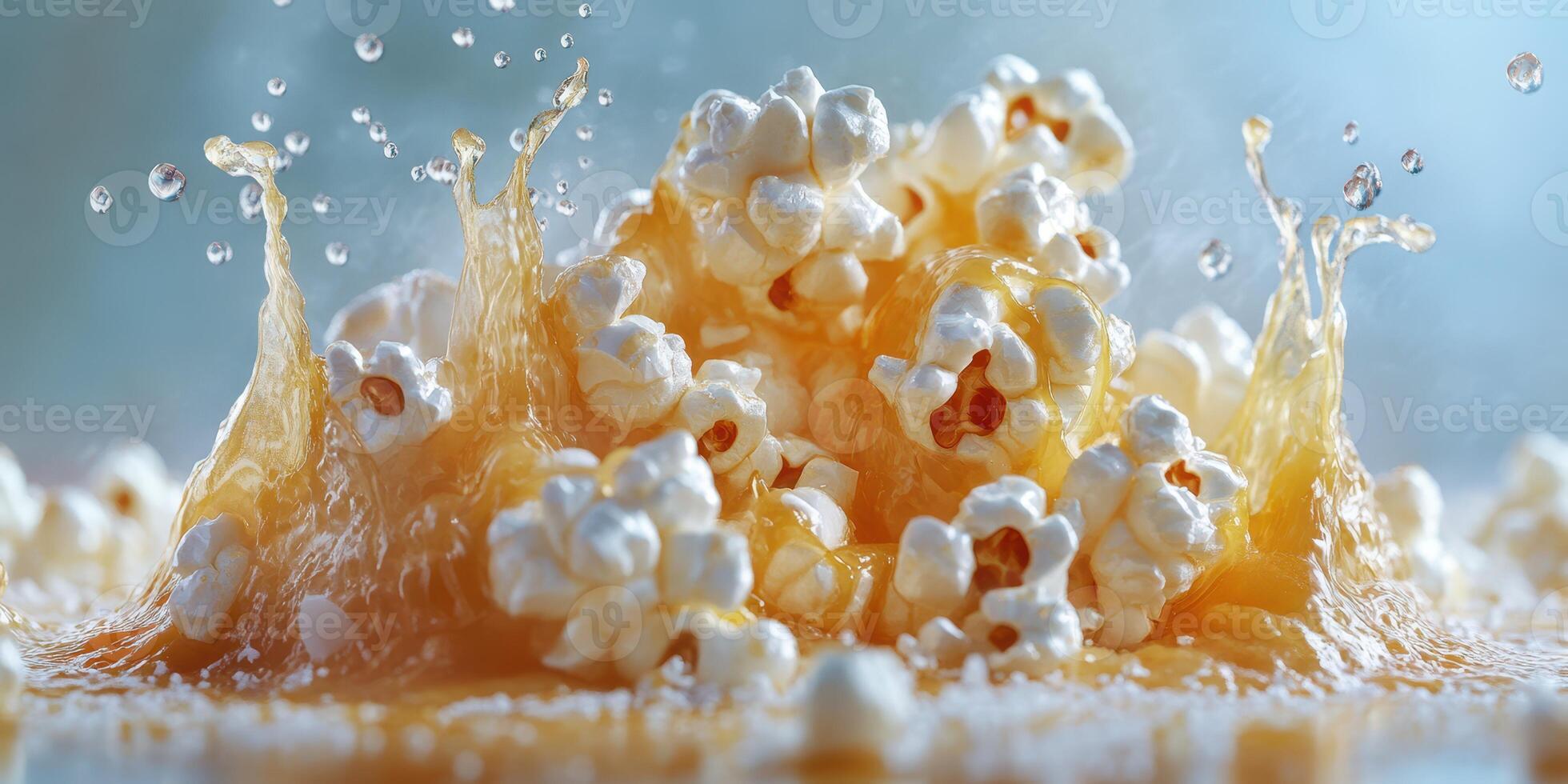 Popcorn splashes in syrup with droplets in dynamic motion captured in bright, vibrant colors photo