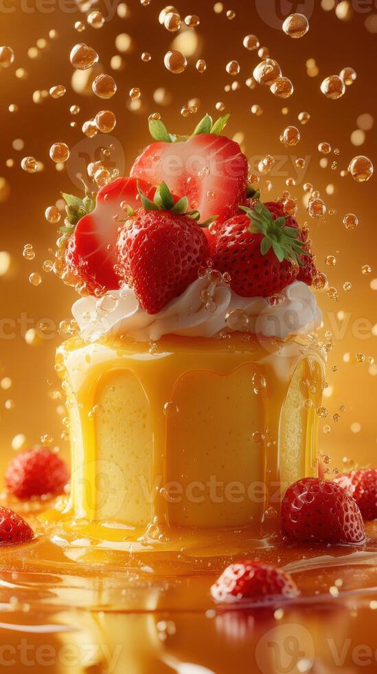 Delightful dessert with fresh strawberries splashing in syrup on a golden background photo