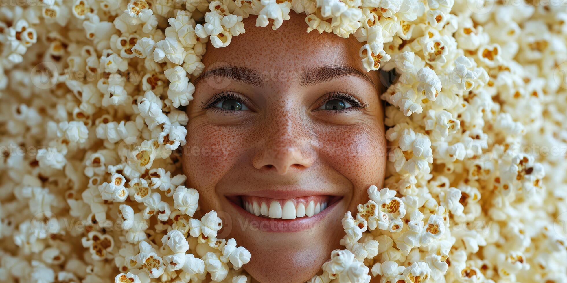 Smiling woman surrounded by popcorn enjoying a fun moment indoors during a bright and cheerful day photo