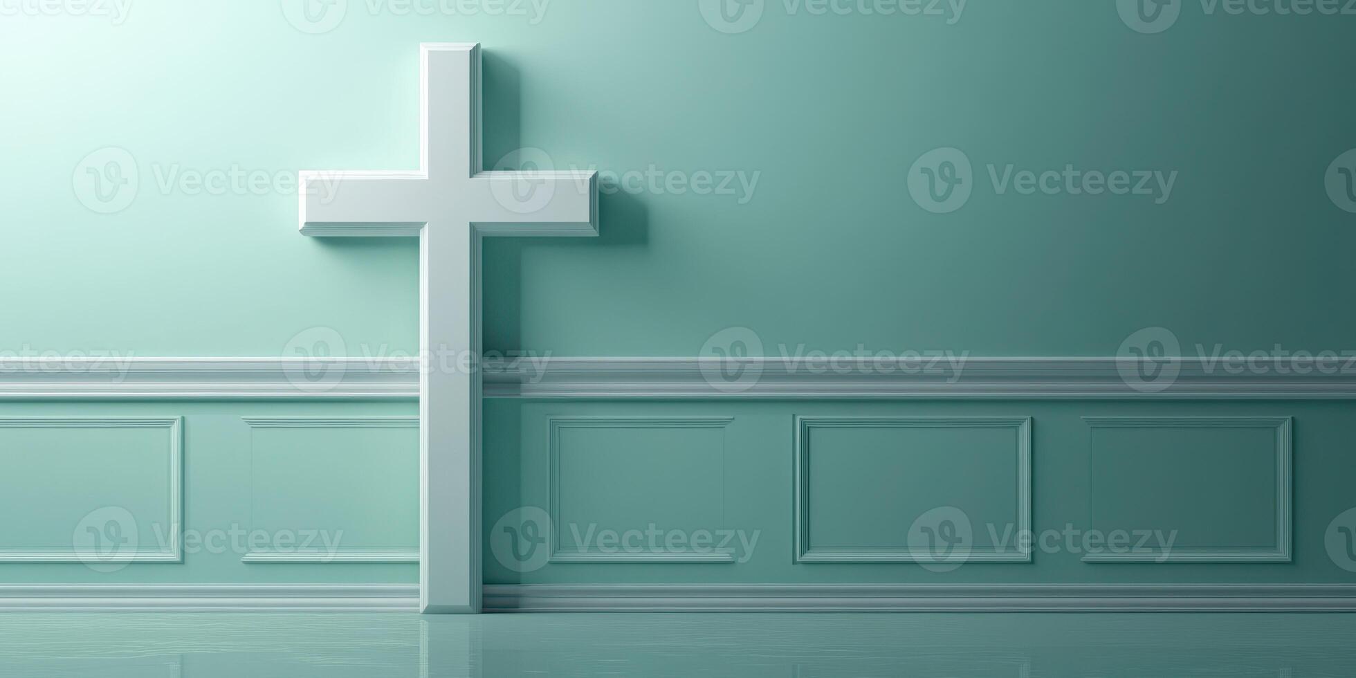 Cross displayed on a textured wall in a serene, light-filled room with soft colors and minimalist decor for reflection photo