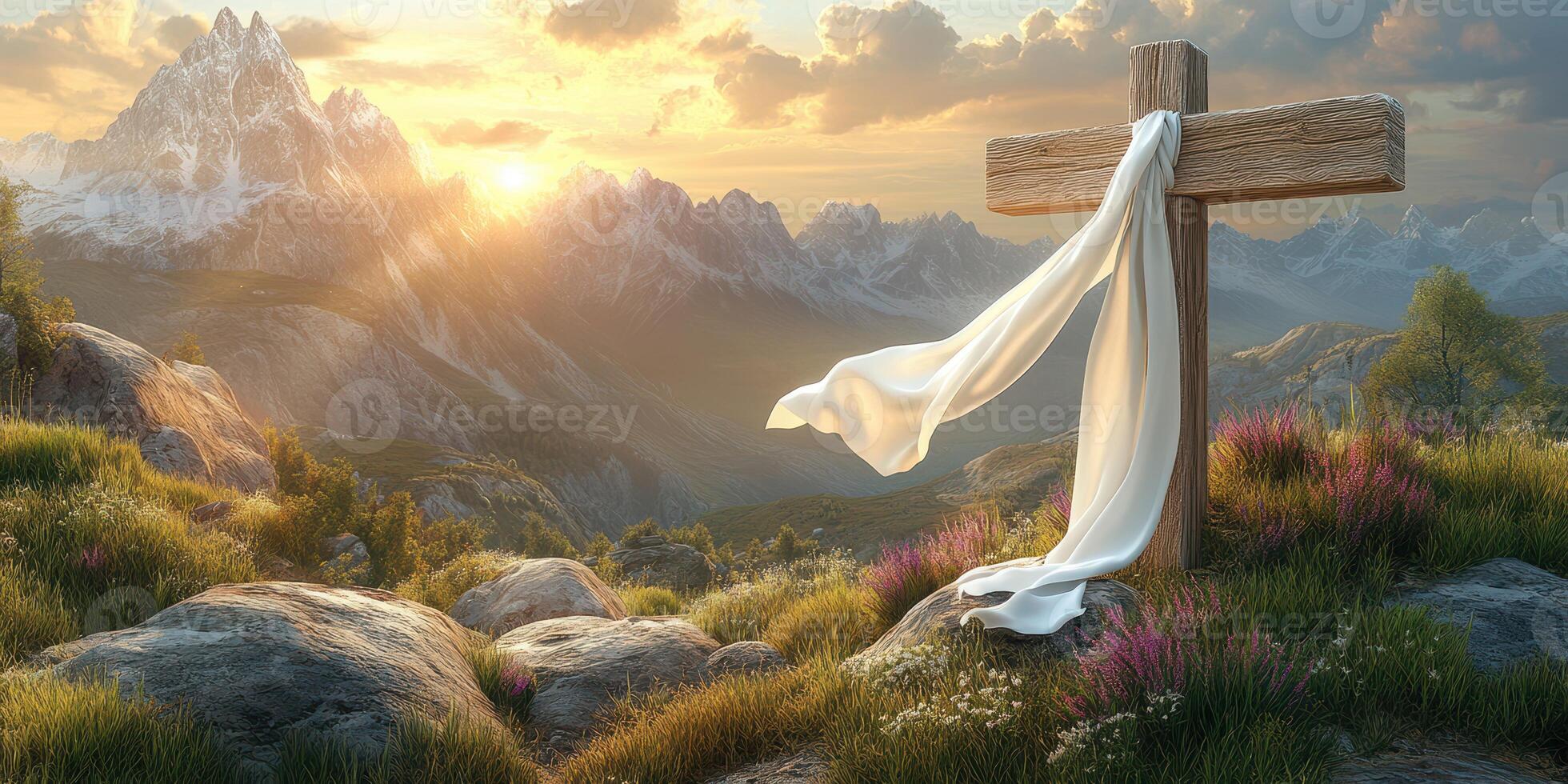 Scenic mountain landscape with a cross and flowing fabric at sunrise in a tranquil setting photo