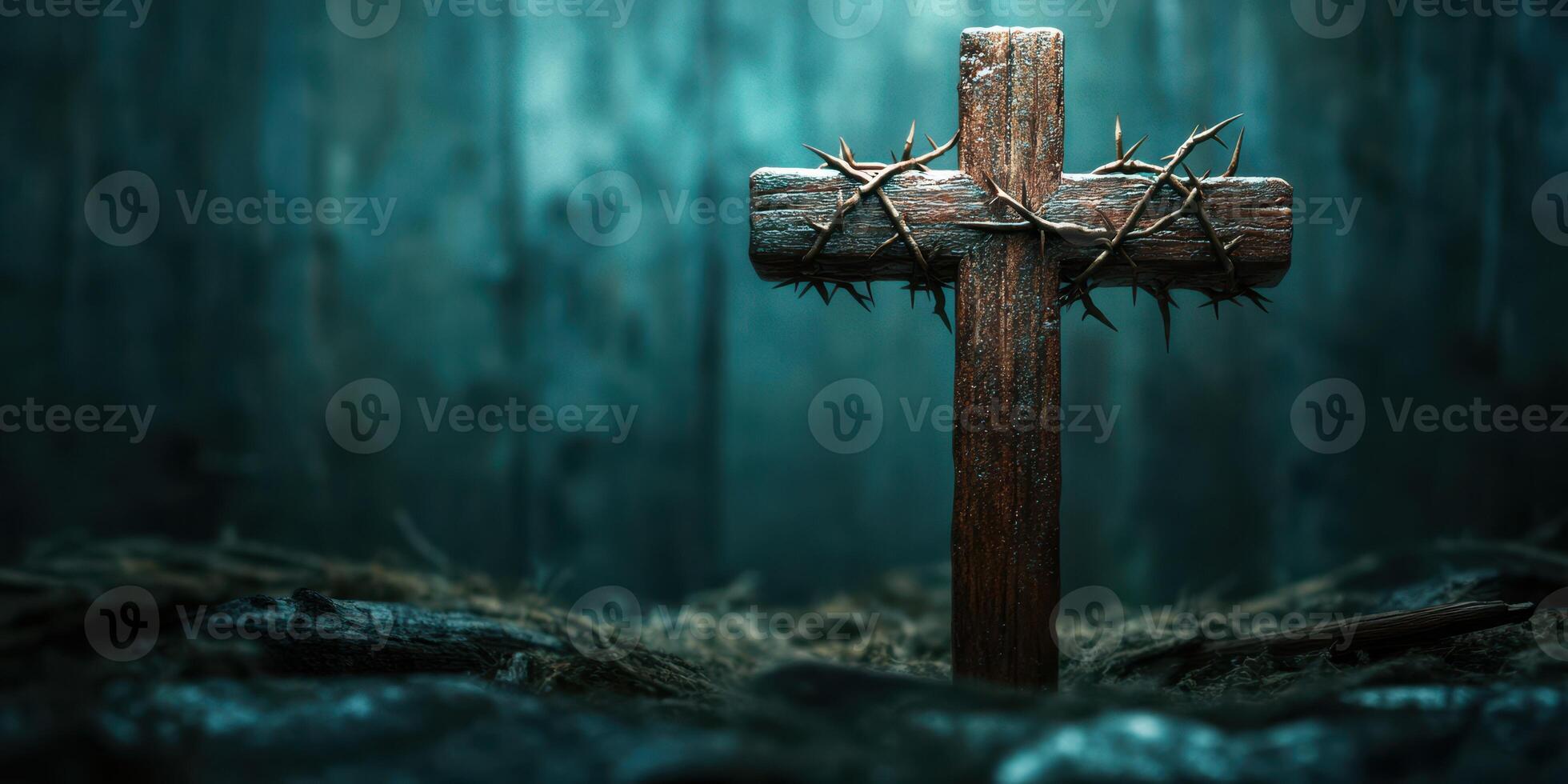 Wooden cross surrounded by thorns in a dimly lit setting evokes deep reflection during a solemn moment photo