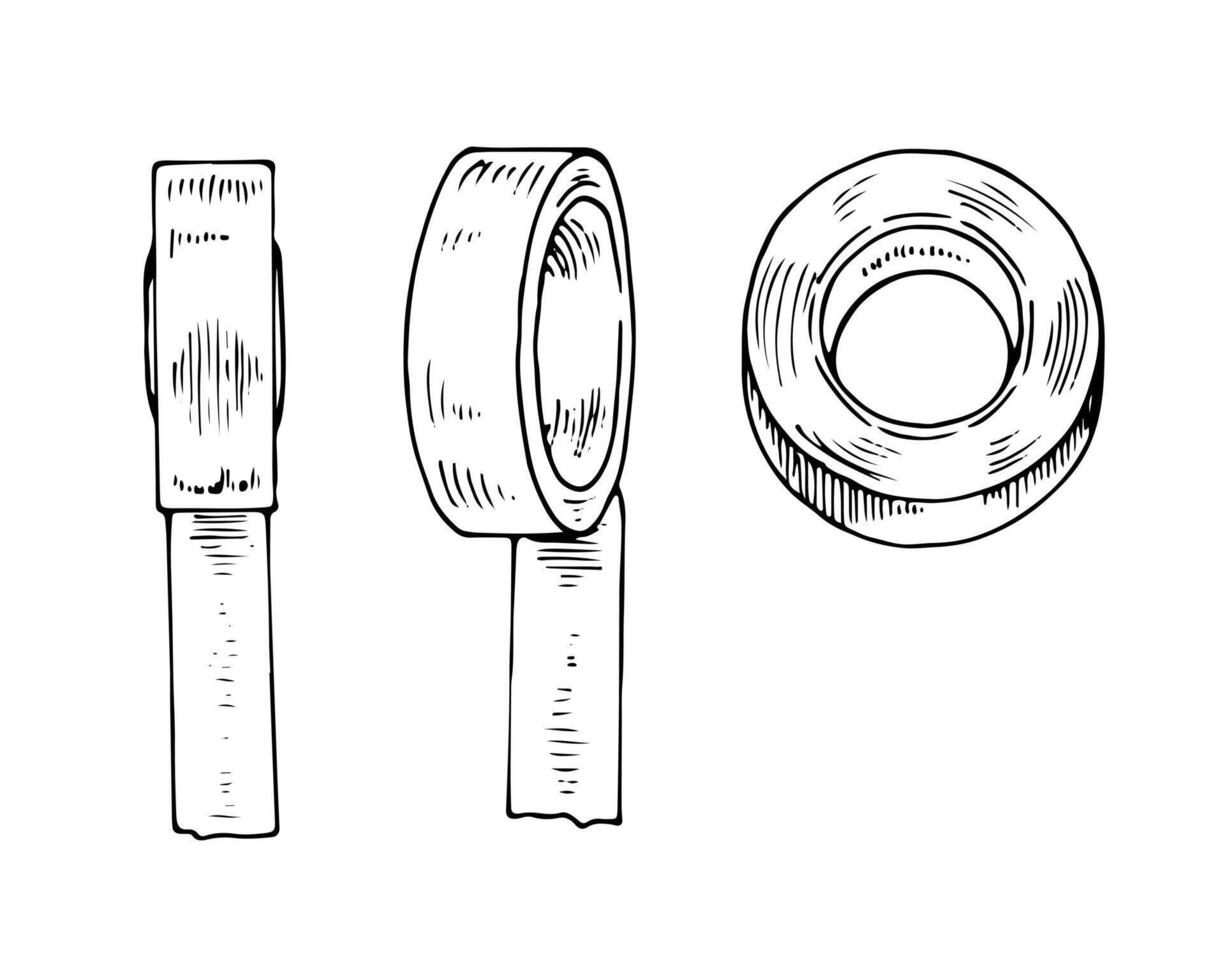 Hand drawn set of decorative washi tapes in a vintage style. Black and white isolated illustration, perfect for stationery, bullet journals, and crafts. Top view sketch of adhesive rolls vector