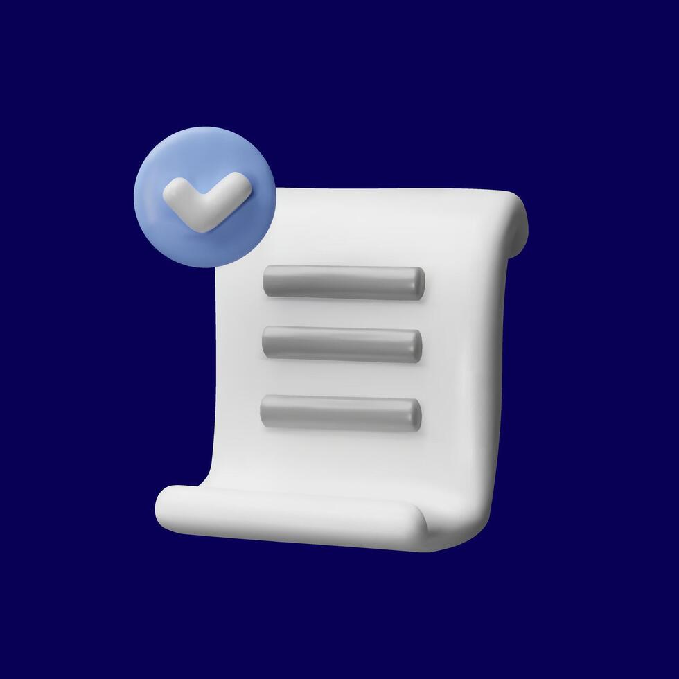 3d render checklist. Three-dimensional illustration of business contract. aper agreement form for success. Planning symbol illustration. Positive checkout solution. Accept checkmark expertise vector